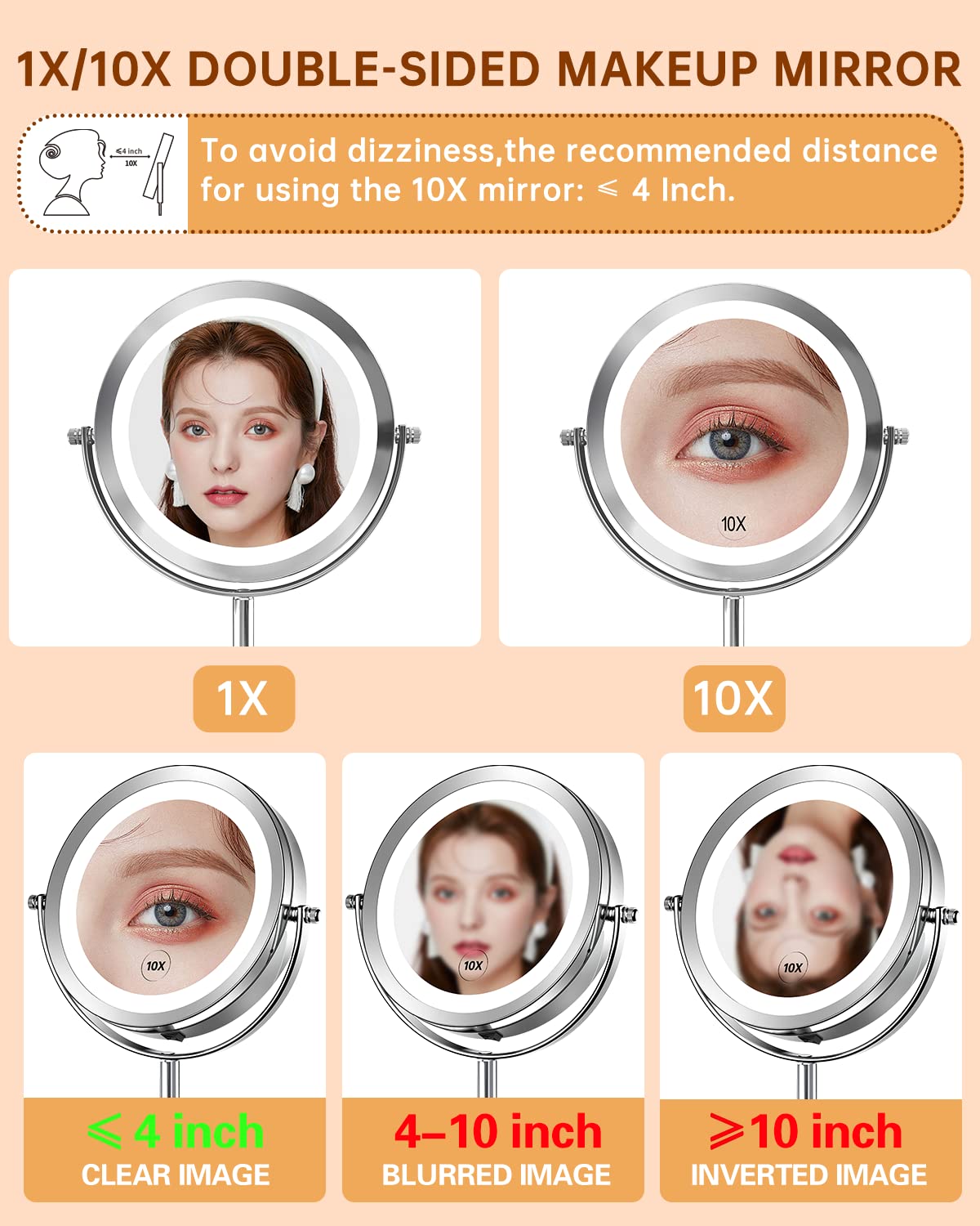 10X Magnifying Makeup Mirror with LED Lights - 360° Swivel Double-Sided Vanity Mirror for Shaving & Bathroom - 7 Inch Round Battery-Operated Standing Mirror for Precise Makeup & Grooming