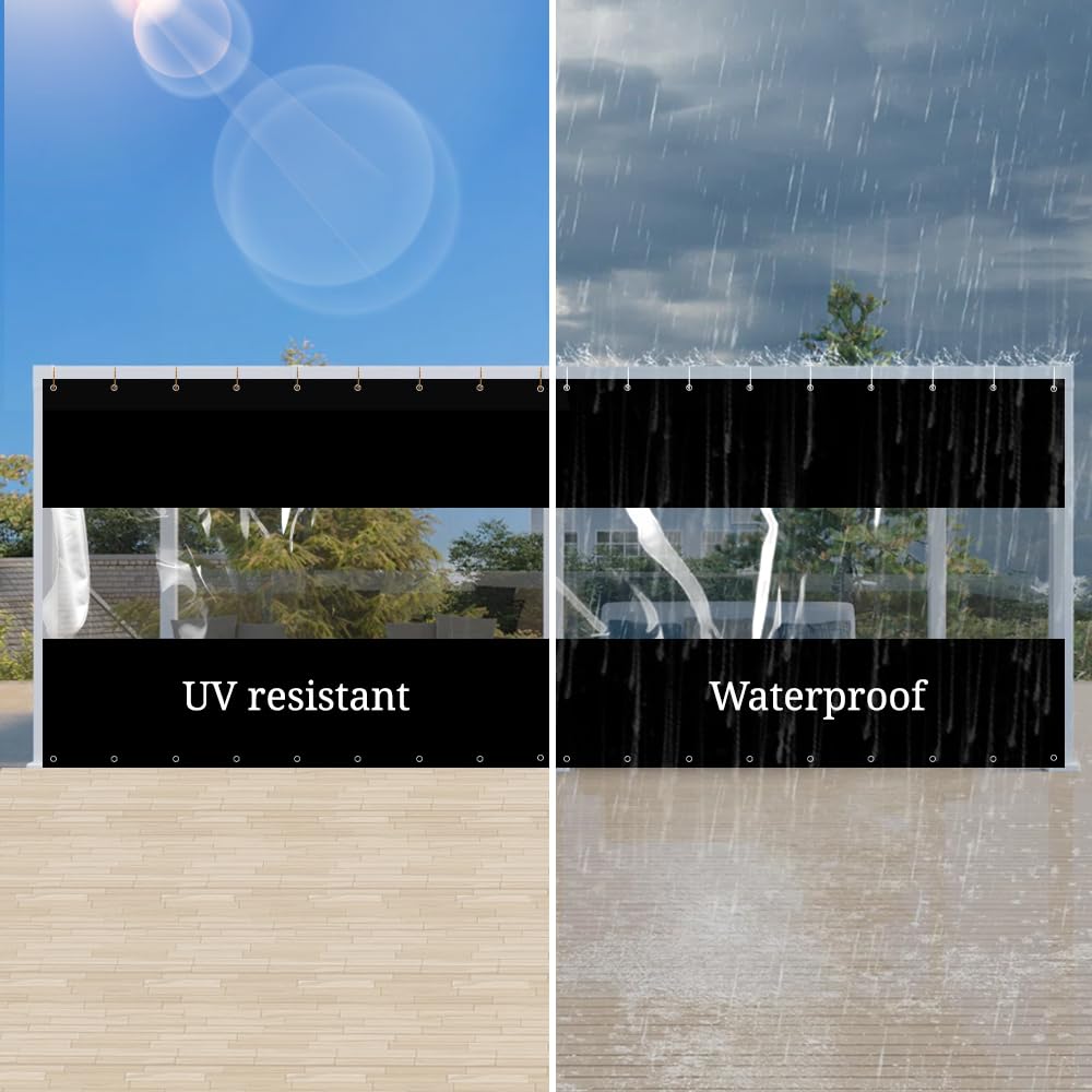 12 oz Vinyl Clear Outdoor Curtains for Patio - Waterproof & Weather Resistant with Brass Grommets - Perfect for Pergola, Porch, Gazebo, Balcony (7’H x 12’W, Black) - Ideal for Outdoor Dining, Poolside Privacy & Sun Protection