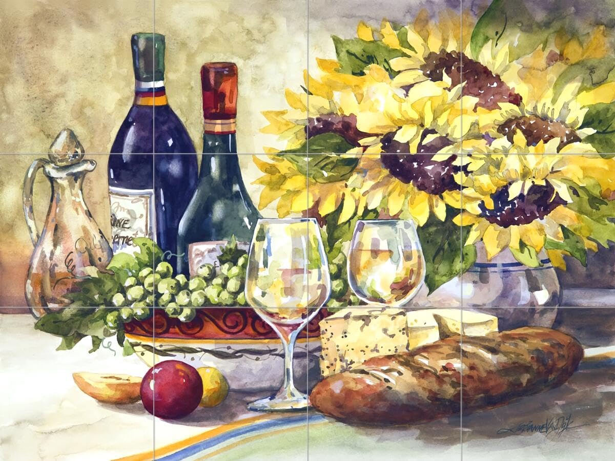 Ceramic Backsplash Tile Mural - Wine & Sunflowers Kitchen Decor - Jerianne Van Dijk Art - Perfect for Kitchen Remodeling & Home Renovation Projects