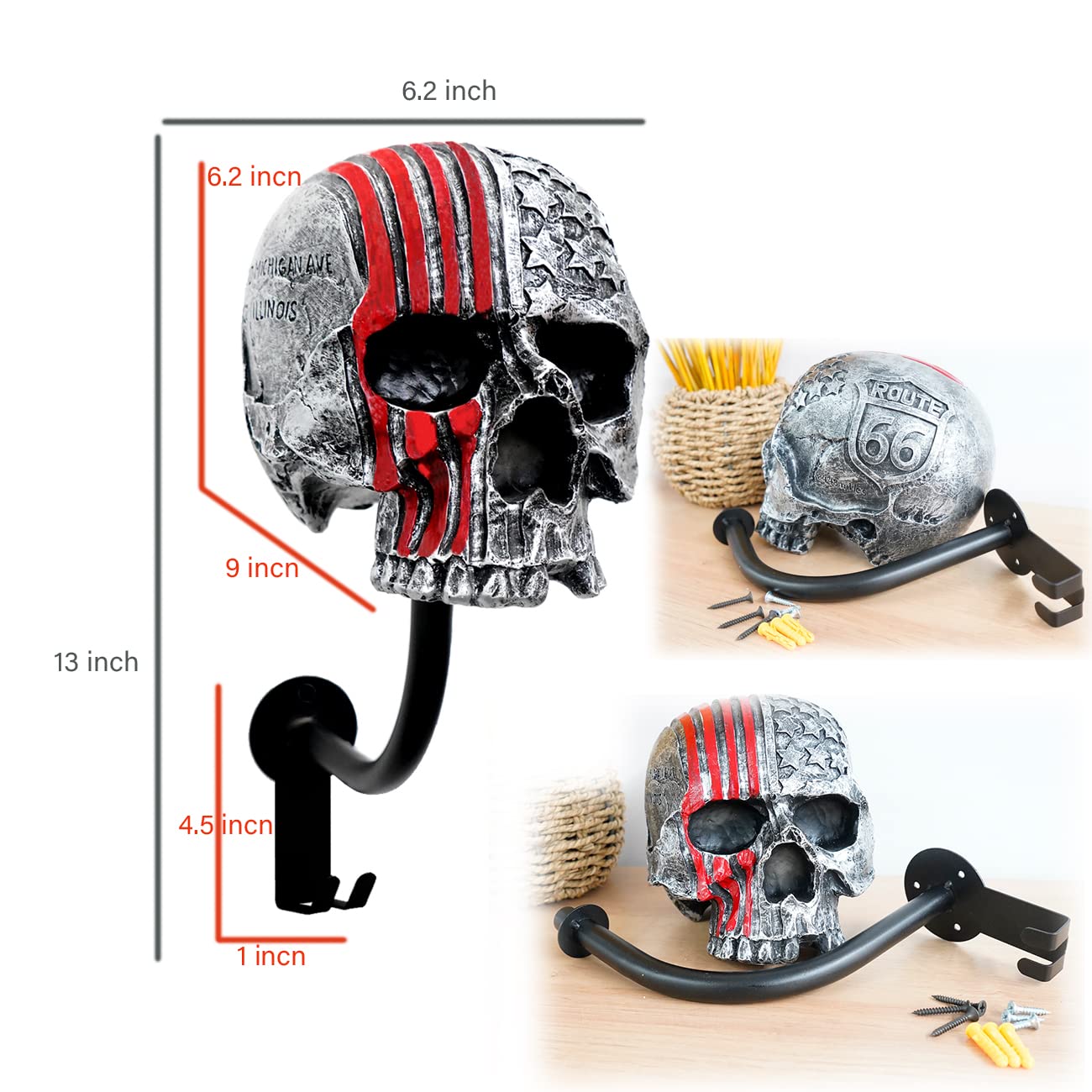 Red Skull Motorcycle Helmet Wall Mount Rack with 2 Hooks - Heavy Duty Helmet Holder for Motorcycle, Baseball, Rugby Helmets & Coat Hanger - Perfect for Garage, Bedroom or Entryway Organization