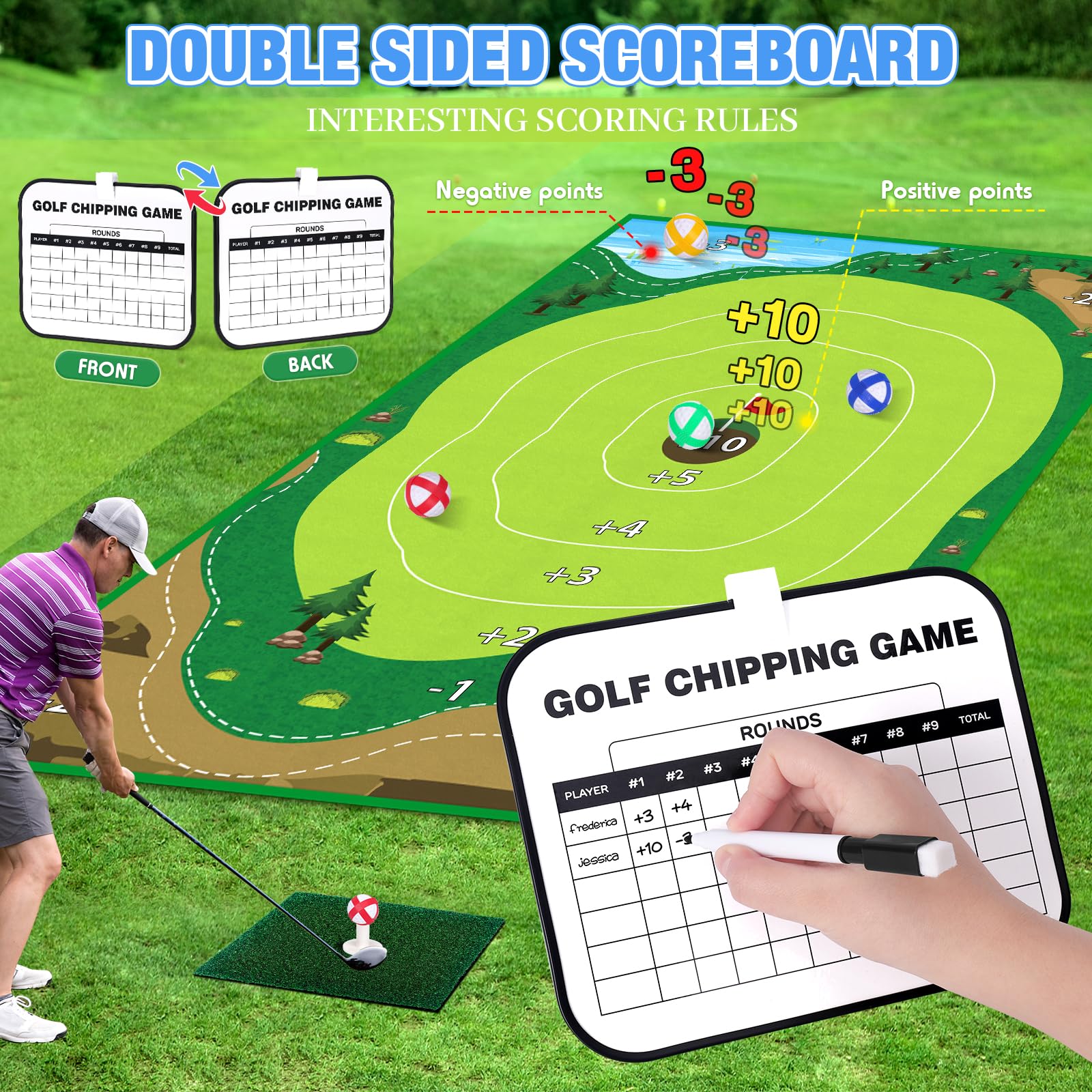 Double-Sided Chipping Golf Game Set with Practice Mats & 20 Balls - Backyard & Indoor Outdoor Family Fun Game for Adults & Kids - Perfect for Parties, Picnics, and Backyard Entertainment