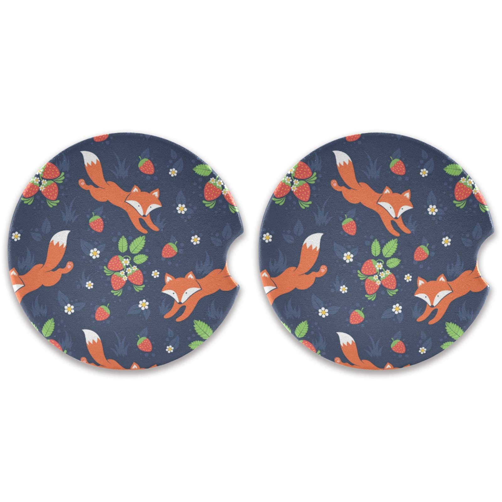 Qilmy Fox Car Cup Holder Coasters Set of 2 - Absorbent Ceramic Stone Coasters with Finger Notch for Easy Removal | Perfect for Coffee, Soda & Water Bottles in Vehicles