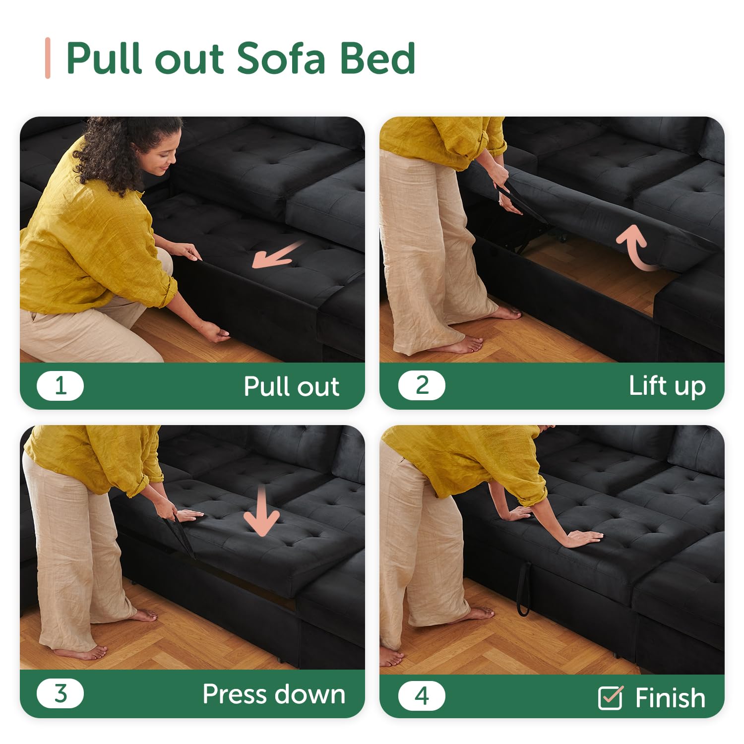 HONBAY Sectional Sleeper Sofa with Pull Out Bed - Convertible Sofa Bed with Storage Chaise, Velvet Black Couch for Living Room | Perfect for Small Spaces, Guest Rooms & Apartments