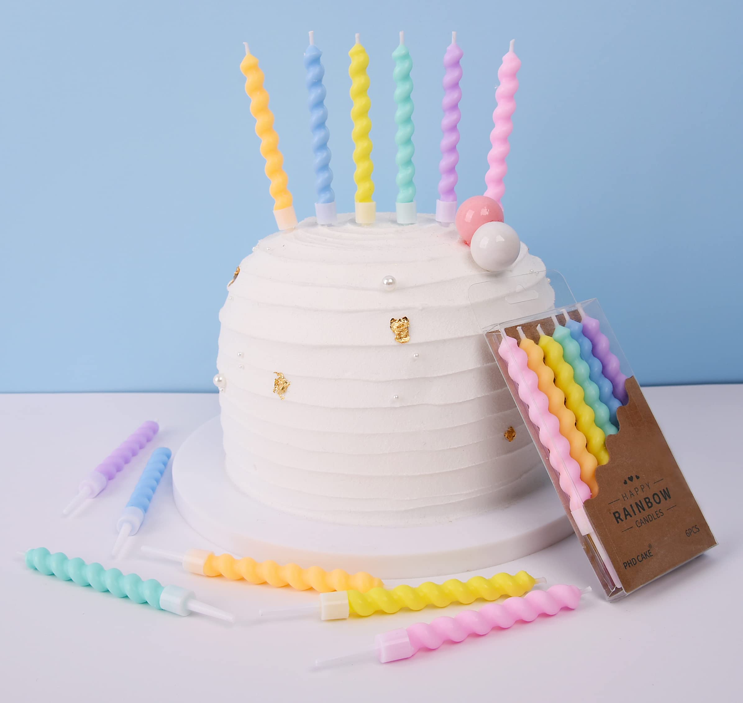 PHD CAKE 36-Count Rainbow Spiral Birthday Candles with Holders - Colorful Party Candles for Cakes, Cupcakes & Desserts - Perfect for Birthday Parties, Baby Showers & Celebrations