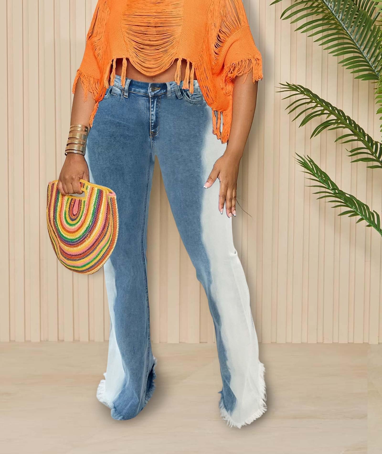Sexyshine Women's High Waist Bell Bottom Jeans - Distressed Raw Hem Flare Pants with Tassel Detail & Gradient Color Block for Casual Outfits & Retro Fashion