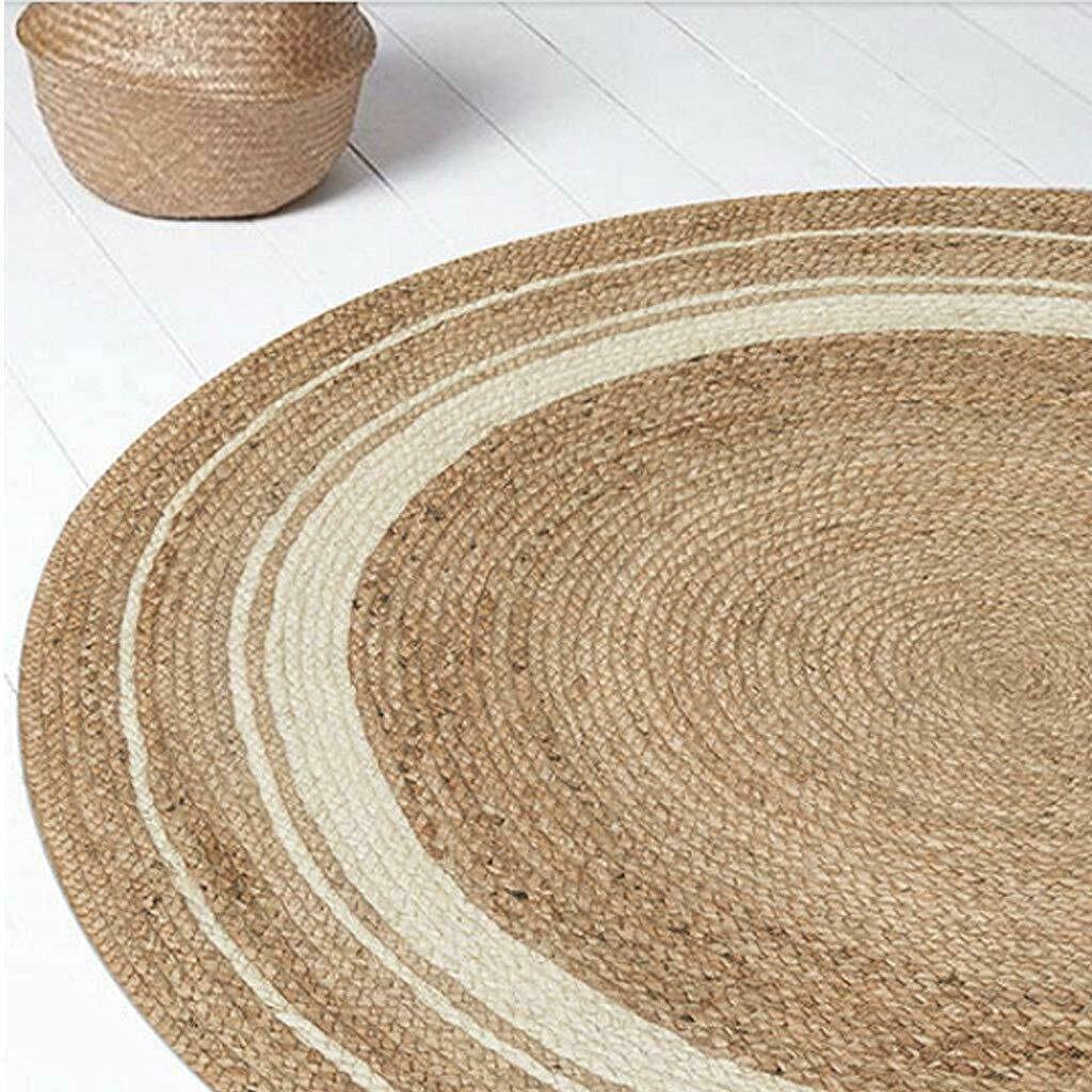Handwoven Jute Area Rug - Natural Fiber Round Braided Rug for Bedroom, Living Room & Kitchen - Farmhouse Decor with White Border (10x10 Square Feet) - Perfect for Boho Chic, Coastal & Rustic Home Decor
