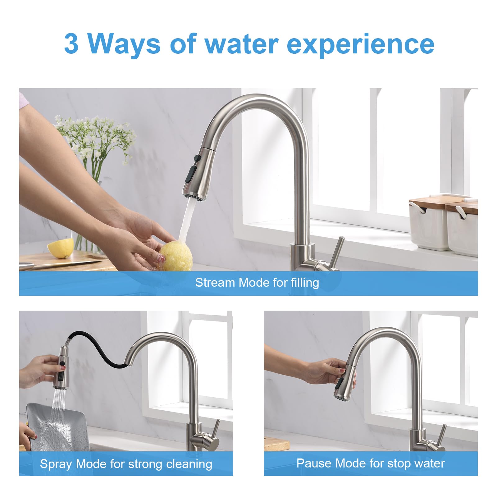 Stainless Steel Pull Down Sprayer Kitchen Faucet - Brushed Nickel High Arc Single Handle Single Hole Sink Faucet with 3/8” to 1/2” Adapter & 10