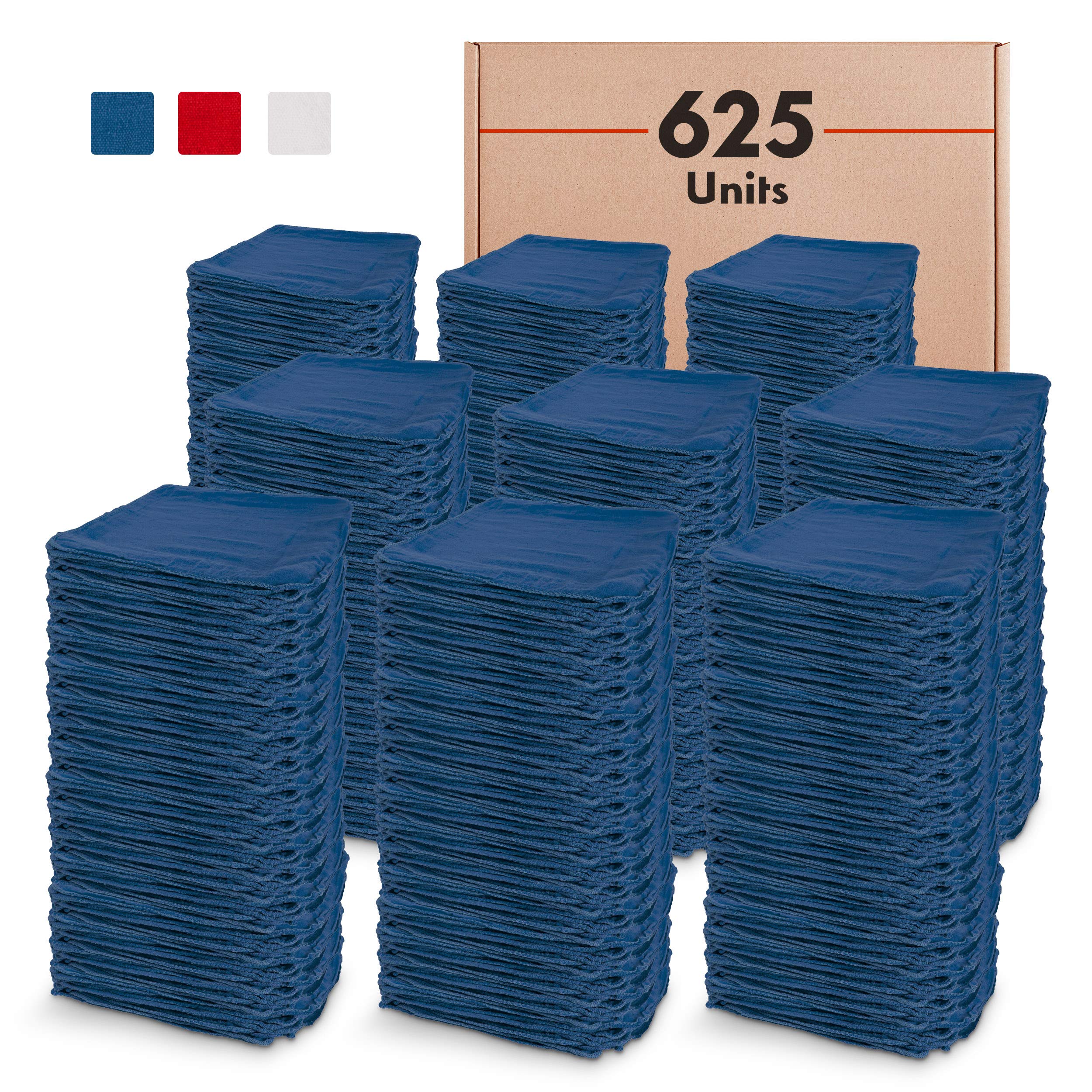 Premia Kitchen Bulk Shop Towels - 625 Pack of 14x14 Inch 100% Cotton Blue Cleaning Rags - Heavy Duty Absorbent Reusable Towels for Kitchen, Garage & Workshop - Perfect for Grease, Oil & Automotive Cleaning - Wholesale Commercial Grade Huck Towels