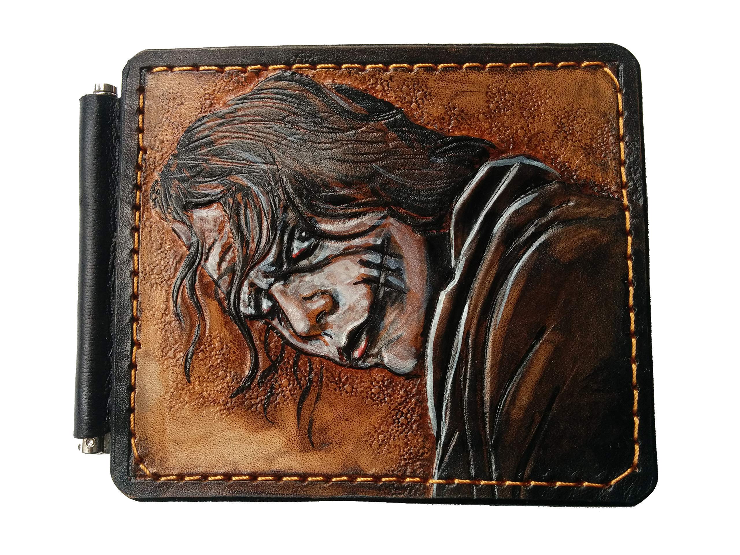 Joker Men's 3D Genuine Leather Wallet with Money Clip - Handmade Carved & Tooled Leather Bifold - Custom Airbrush Art Personalized Card Holder - Perfect Gift for Dad, Husband & Everyday Carry