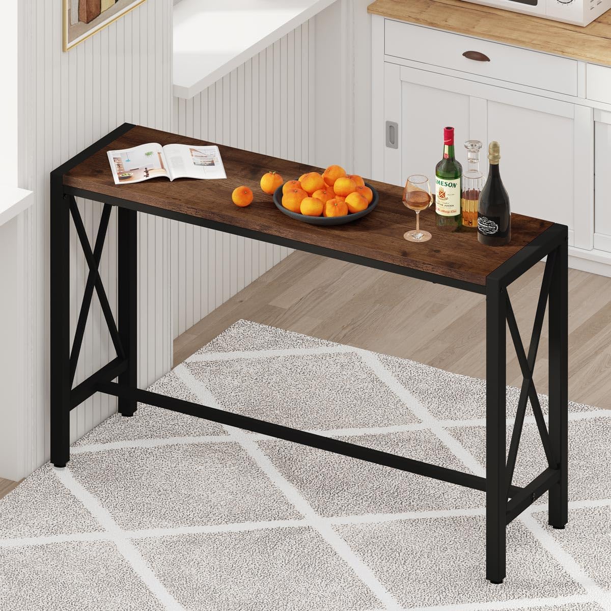 BON AUGURE 55-inch Rustic Oak Counter Height Bar Table - Narrow Tall Behind Couch Sofa Table, High Top Wood Pub Console Table for Home & Living Room - Perfect for Small Spaces, Kitchen Islands & Dining Areas (36.6