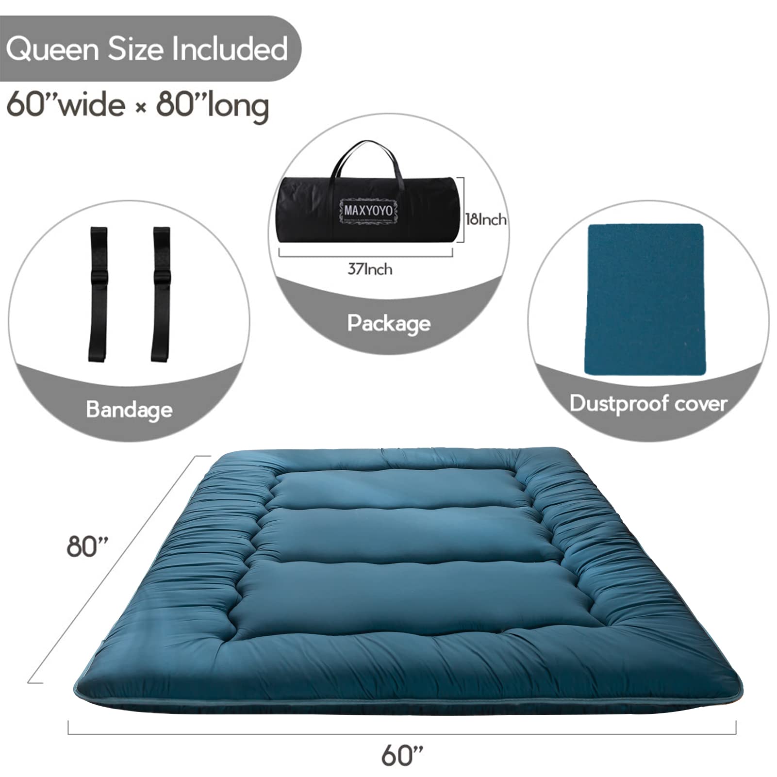 MAXYOYO Japanese Floor Futon Mattress - Portable Foldable Tatami Mattress for Guest Bed, Camping & Small Space Living | Comfortable Floor Sleeping Solution