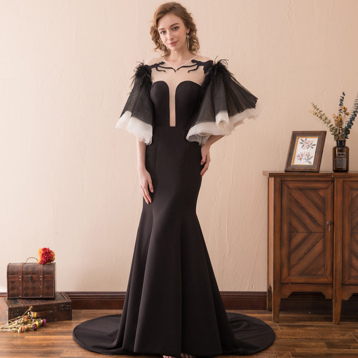 Elegant Black Mermaid Prom Dress with Fluffy Feather Sleeves - Women's Formal Evening Gown Size US14 | Perfect for Homecoming, Pageants & Special Occasions