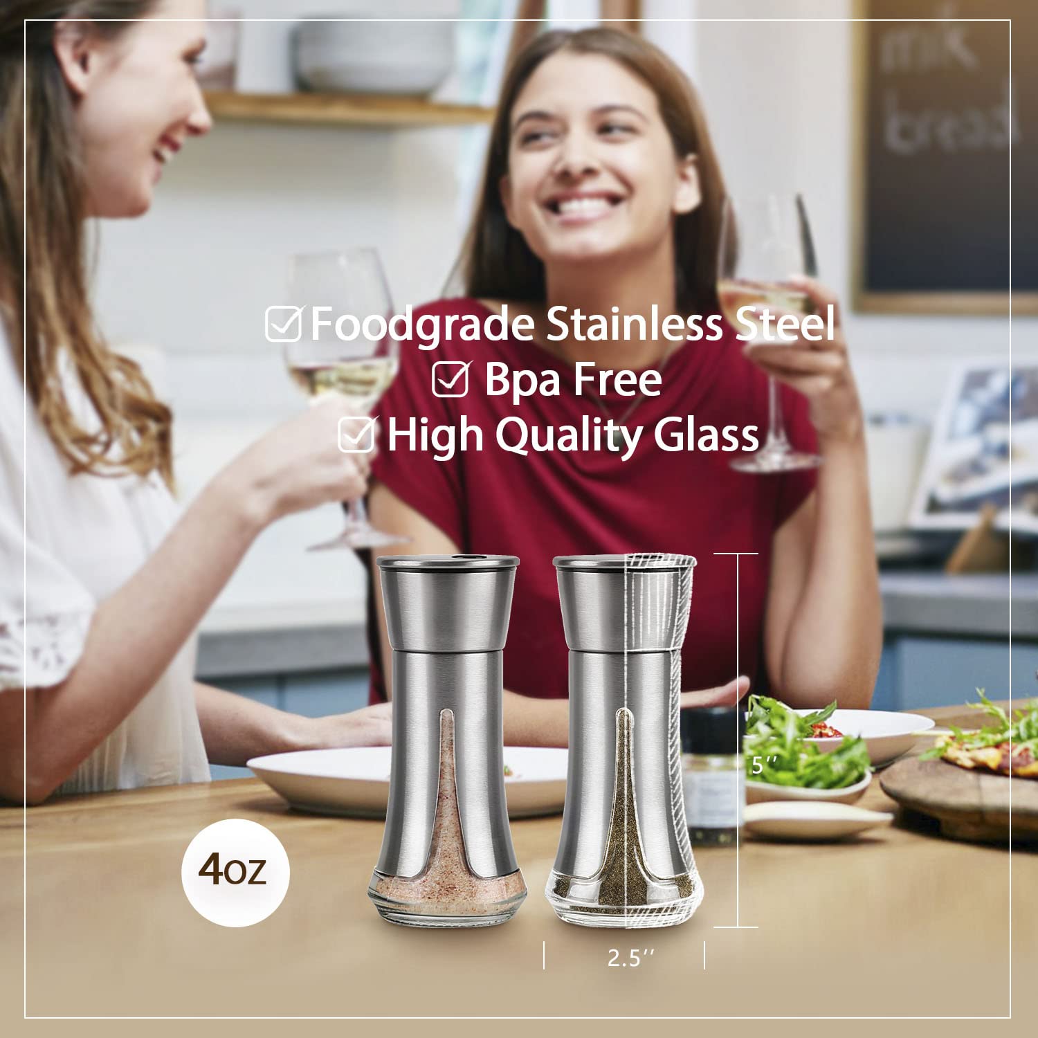 Premium Aelga Salt and Pepper Shakers Set - Adjustable Pour Holes for Himalayan Salt, Kosher Salt & Seasonings - Perfect for Kitchen, Dining Table & Restaurant Use