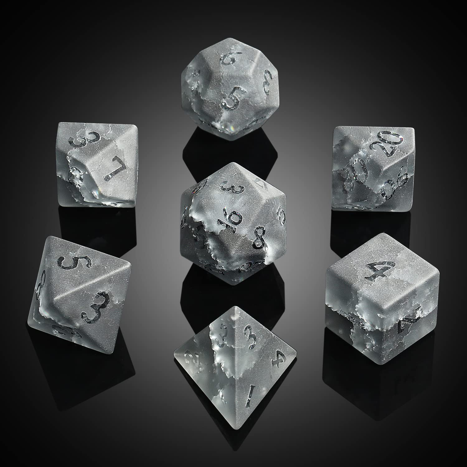 Premium Black Zircon Cracked Glass DND Dice Set - 7-Piece Polyhedral Dice with Raised Numbers for Dungeons & Dragons RPG Tabletop Games | Great Gift for Gamers with Elegant Storage Case | Perfect for D&D Campaigns, Board Game Nights & Roleplaying Adventures