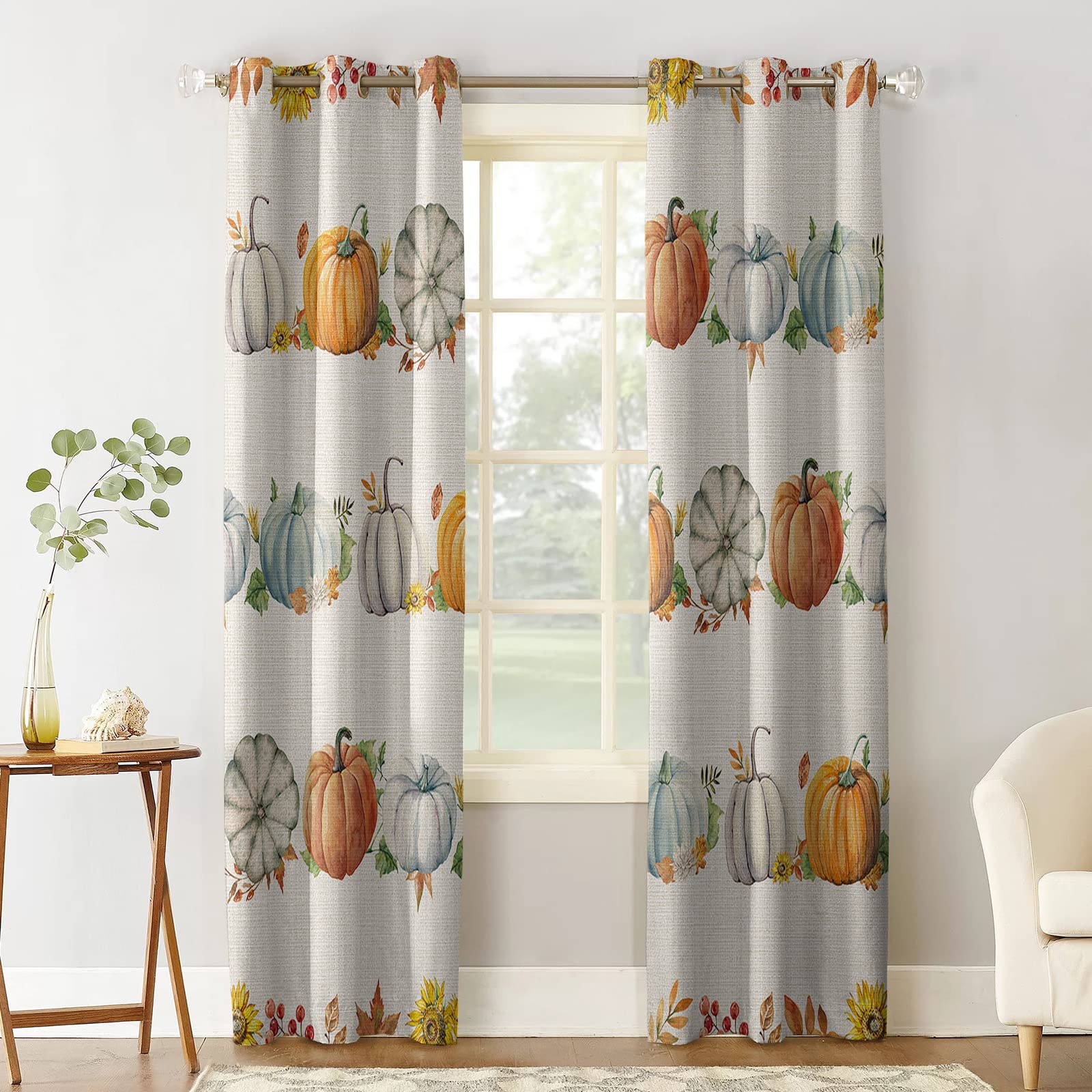 Thanksgiving Blackout Curtains - Thermal Insulated Room Darkening Drapes with Pumpkin Sunflower & Fall Maple Leaves Design, 63 Inch Length Grommet Window Curtains (Set of 2 Panels) for Living Room & Bedroom - Perfect for Holiday Decor, Light Blocking & Energy Efficiency