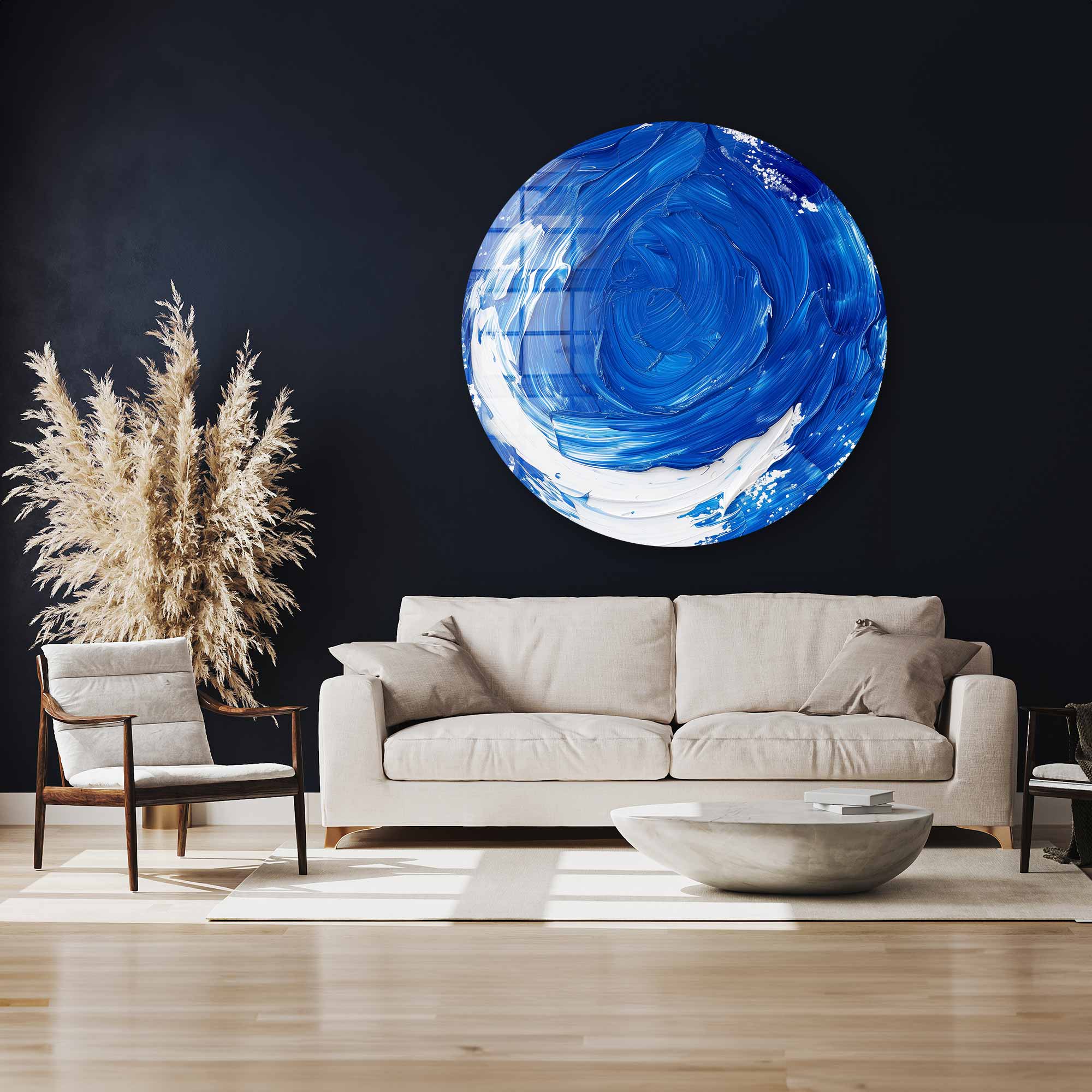 Abstract Ocean Blue Rounded Glass Wall Art - Modern Home Decor for Living Room, Bedroom & Office - Handmade Glass Artwork for Coastal & Contemporary Interior Design