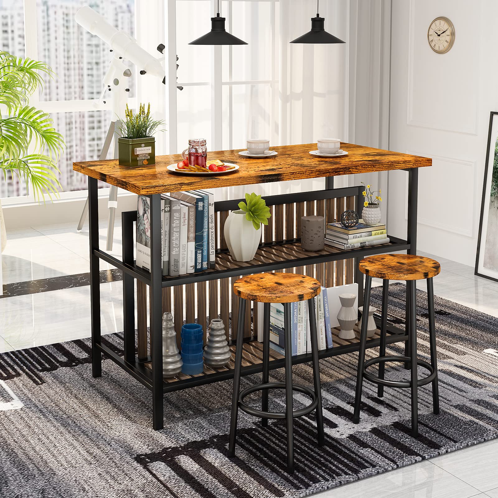 Modern Walnut Kitchen Island with Seating & Storage Shelf - Wooden Bar Table and Chairs Set for 2, Space-Saving Dining Table for Small Kitchens - Perfect for Breakfast Nooks, Entertaining Guests & Compact Living Spaces