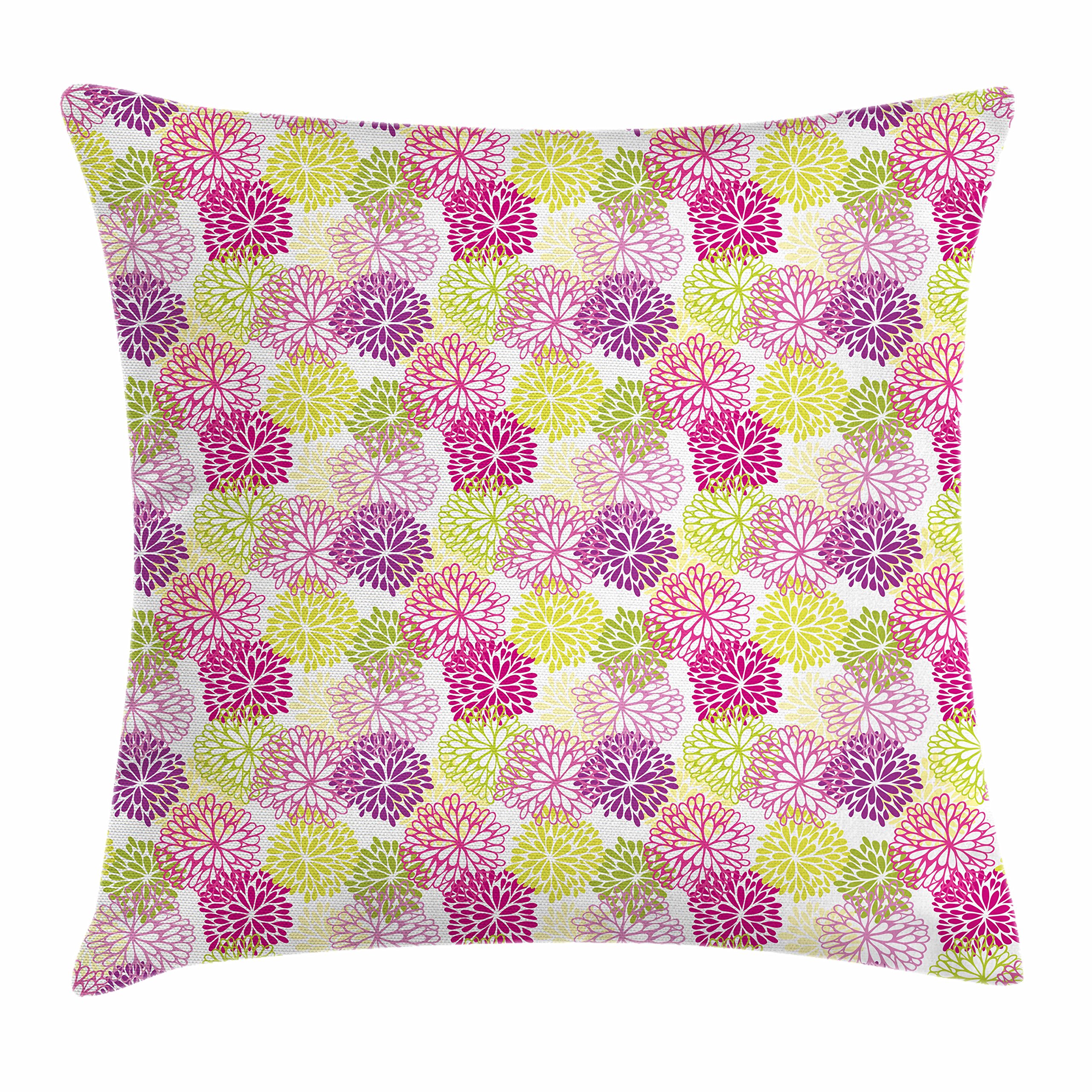 Ambesonne Floral Throw Pillow Cover 20x20 Inches - Vintage Abstract Design with Romantic Natural Scenes in Magenta Violet Green - Decorative Square Cushion Case for Living Room, Bedroom & Sofa