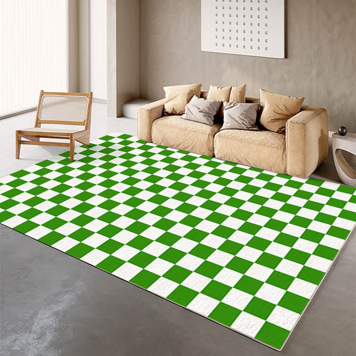 Faux Wool Fluffy Checkered Area Rug 8x10 - Modern Minimalist Washable Carpet for Living Room, Bedroom, Dining Room, Home Office & Hallway - Mint Green Runner Rug for Cozy Home Decor & Comfortable Floor Covering