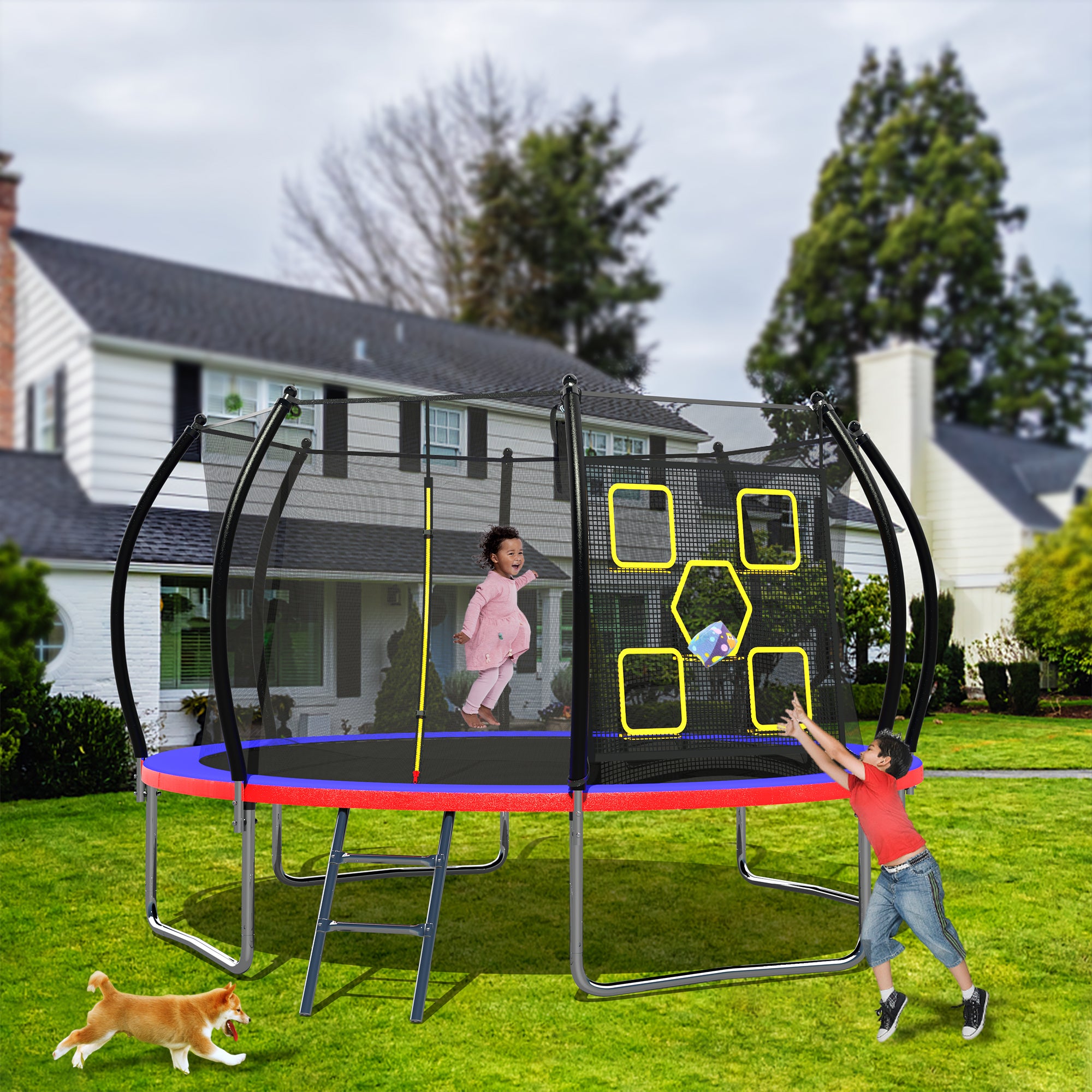 14FT Trampoline for Kids and Adults - ASTM Approved Outdoor Trampoline with Safety Enclosure Net & Ladder - Heavy Duty Round Trampoline for Backyard, Garden, and Park Fun - Perfect for Family Exercise, Birthday Parties, and Outdoor Recreation