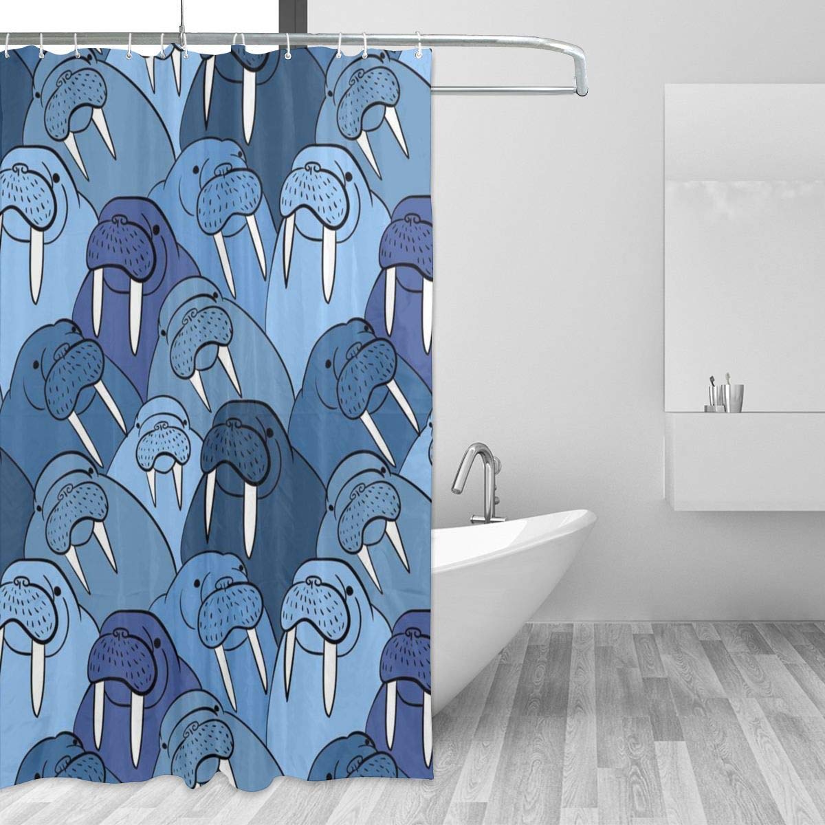 Walrus Shower Curtain Set with Hooks - Waterproof Polyester Bathroom Decor for Kids