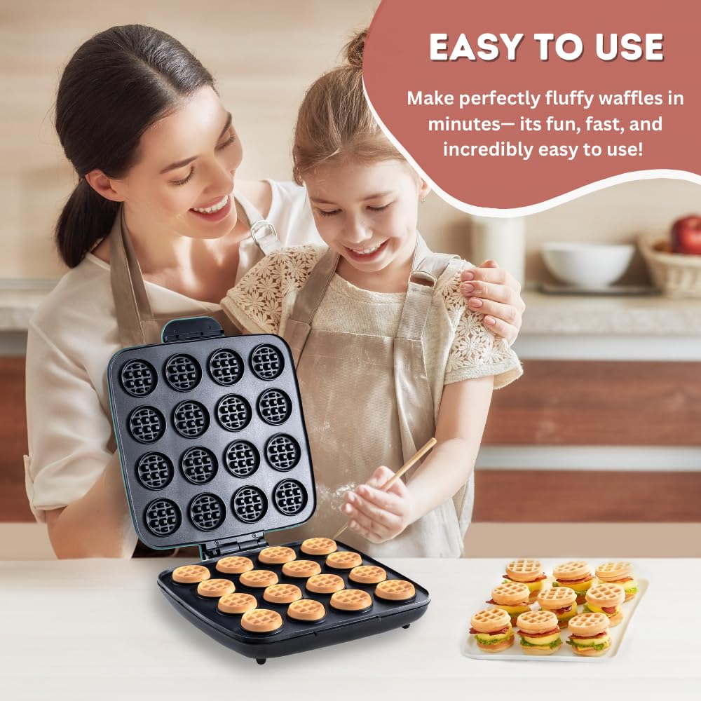 16 PCS Mini Waffle Maker Machine - Nonstick Quick Heat-Up Waffle Iron, Compact Chaffle Baker for Home & Restaurant Use - Perfect for Kids' Small Bites, Breakfast, Desserts & Snacks - Ideal for Family Gatherings, Brunch Parties & Quick Meals