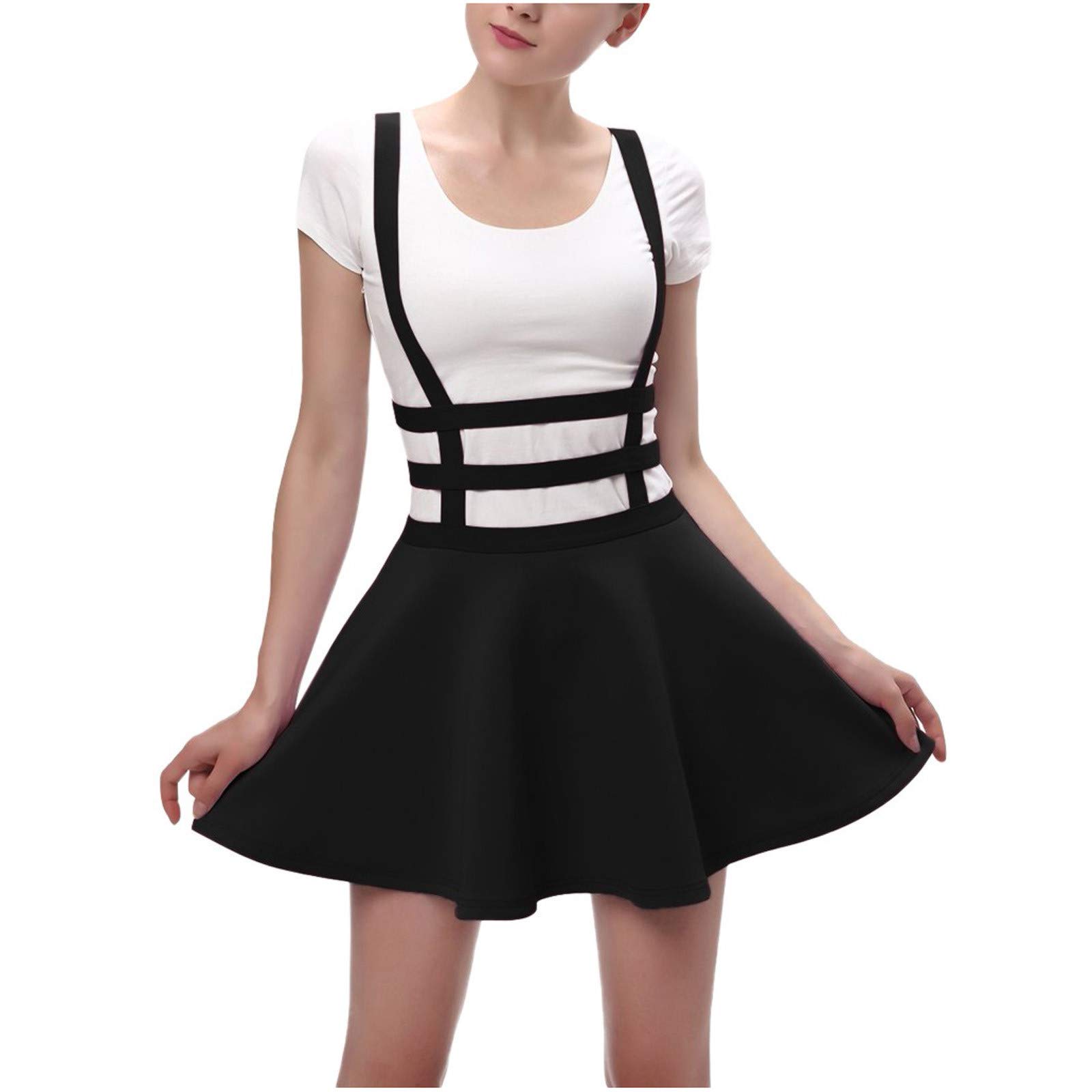 Weeloloe Women's Pleated Elastic Waist A-Line Skirt with Suspenders - Elegant Black Dress for Work, Office, Funeral & Formal Occasions