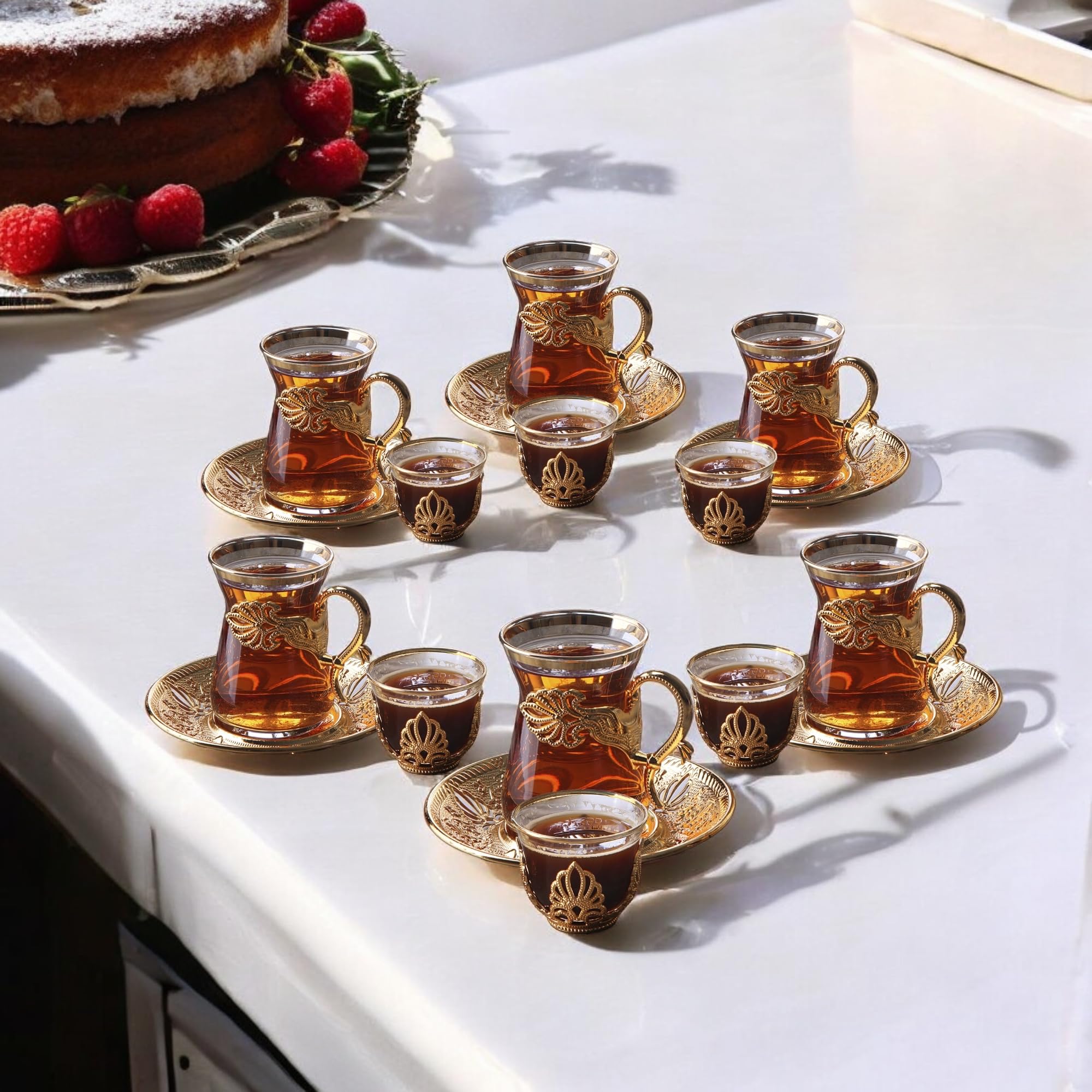 Vintage Handmade Turkish Tea Glasses Set of 6 with Saucer & Holder - Ottoman Style Mırra Cups for Arabic Tea Ceremony - Perfect for Serving Guests, Housewarming Gifts, Dinner Parties & Special Events - Elegant Gold Finish
