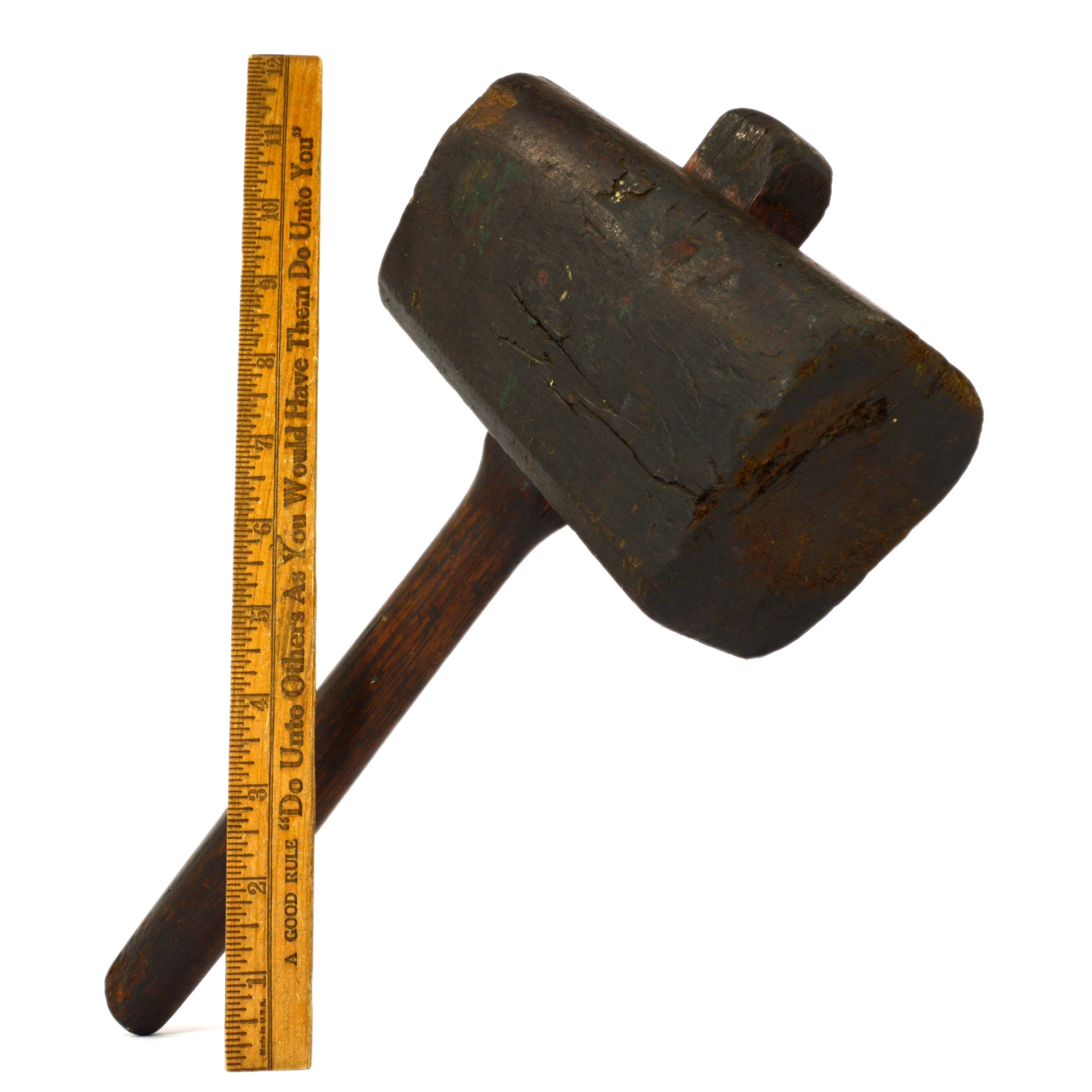 Antique Solid Hardwood Wooden Mallet - Primitive Wood Hammer with Rich Patina - Perfect for Woodworking, Leather Crafting & Vintage Home Decor