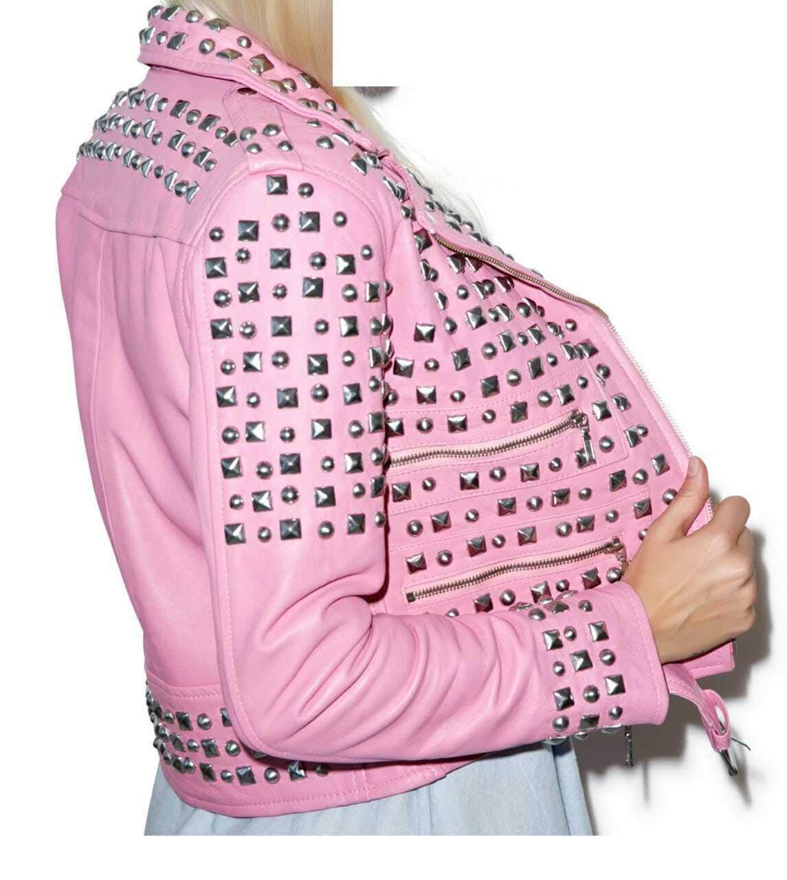 Women's Pink Spikes Leather Jacket - Brando Studded Punk Rock Motorcycle Jacket for Ladies | Edgy Fashion for Concerts, Biker Rides & Night Out