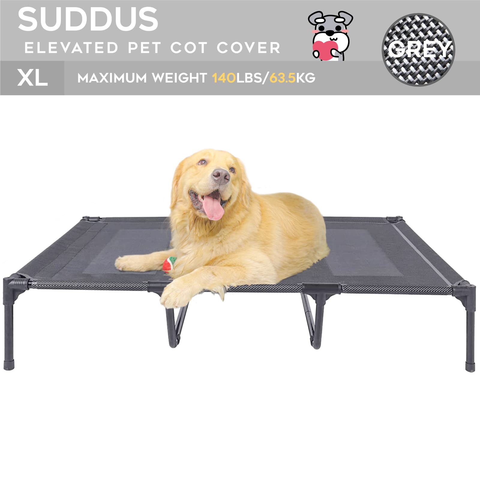 Suddus Chew Proof Elevated Dog Bed Replacement Cover - Breathable, Easy to Clean XL Grey Pet Bed Cover for Indoor & Outdoor Use - Perfect for Camping, Patio, and Kennel Comfort