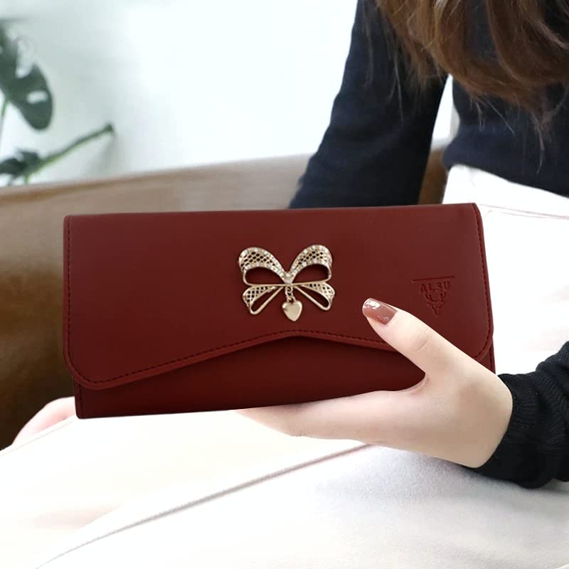 ALSU Women's Hand Wallet Purse Clutch with Phone Pocket, 4 Card Slots & Coin Pockets - Smooth Leather Material (Maroon) - Perfect for Parties, Weddings & Evening Events