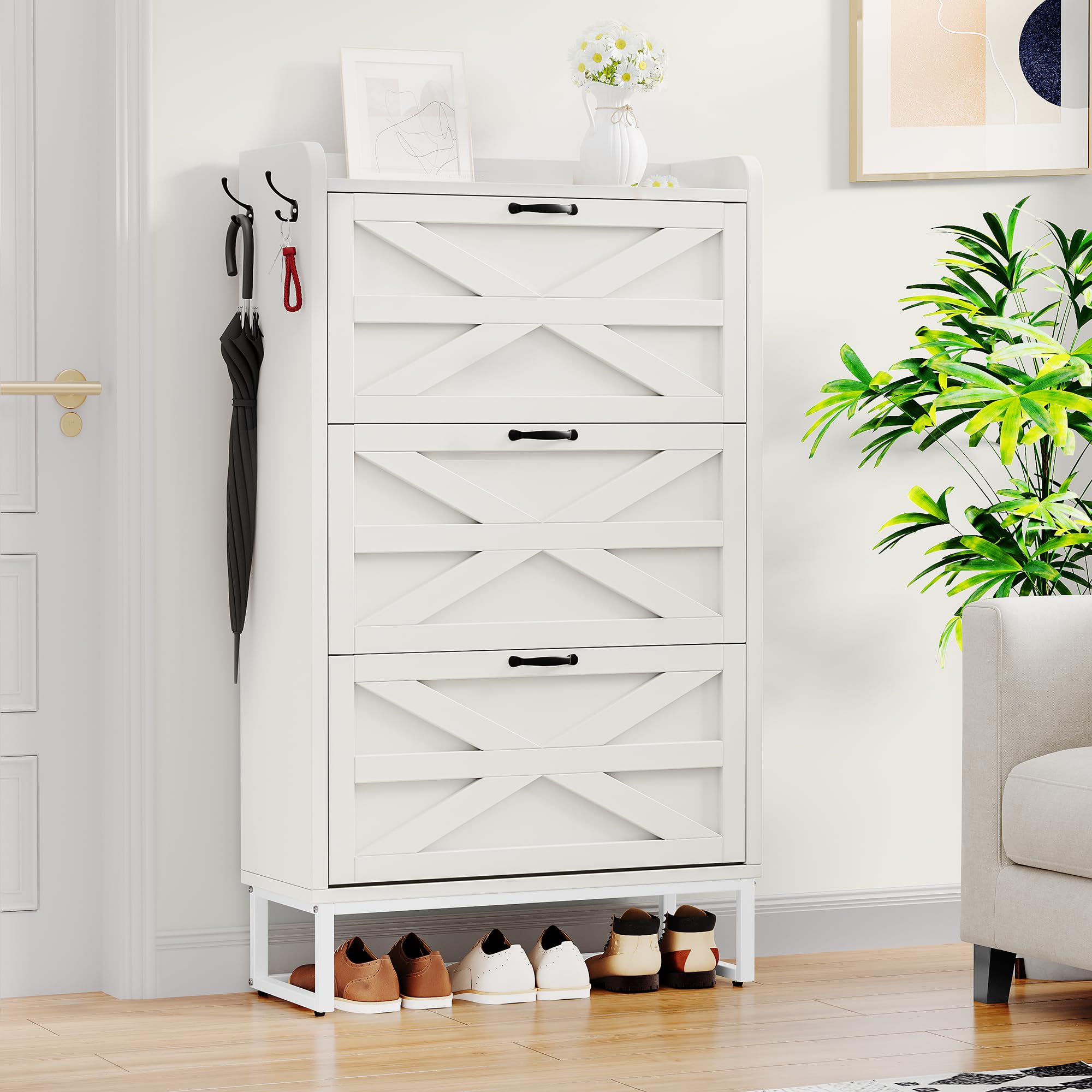 YITAHOME 24-Pair Farmhouse Shoe Storage Cabinet with 3 Flip Drawers - Slim Narrow Shoe Rack Organizer for Hallway, Entryway, Living Room - Perfect for Small Spaces & Home Organization (White)