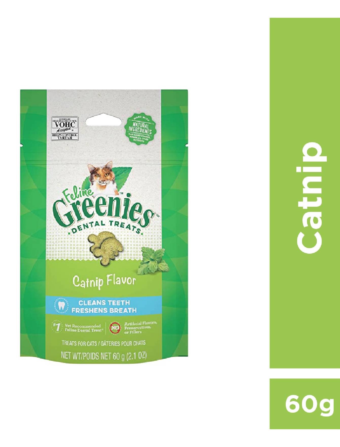 Greenies Feline Dental Treats for Cats - Natural Catnip Flavor, 60g - Promotes Oral Health & Fresh Breath for Indoor & Outdoor Cats