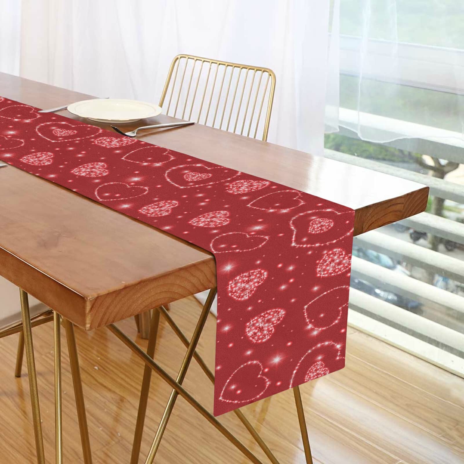 Valentine's Day Table Runner with Sparkle Hearts - 13x70 Inch Modern Farmhouse Table Cover for Coffee Table, Dining Table, Dresser - Perfect for Family Dinners, Indoor/Outdoor Parties & Everyday Use - Romantic Home Decor for Weddings, Anniversaries & Holiday Celebrations