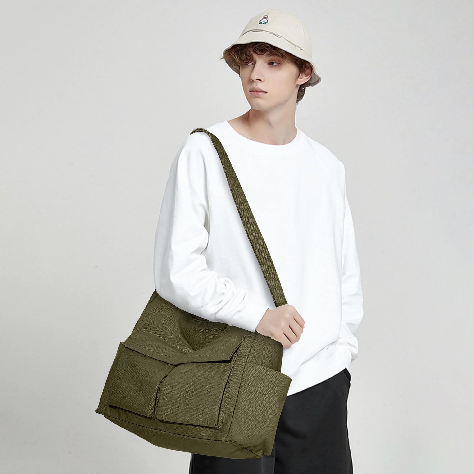 KALIDI Canvas Tote Bag for Women & Men - Large Crossbody Messenger Shoulder Bag - Durable Casual Bag for College, Work & Daily Use - Perfect for Shopping, Travel & Commuting