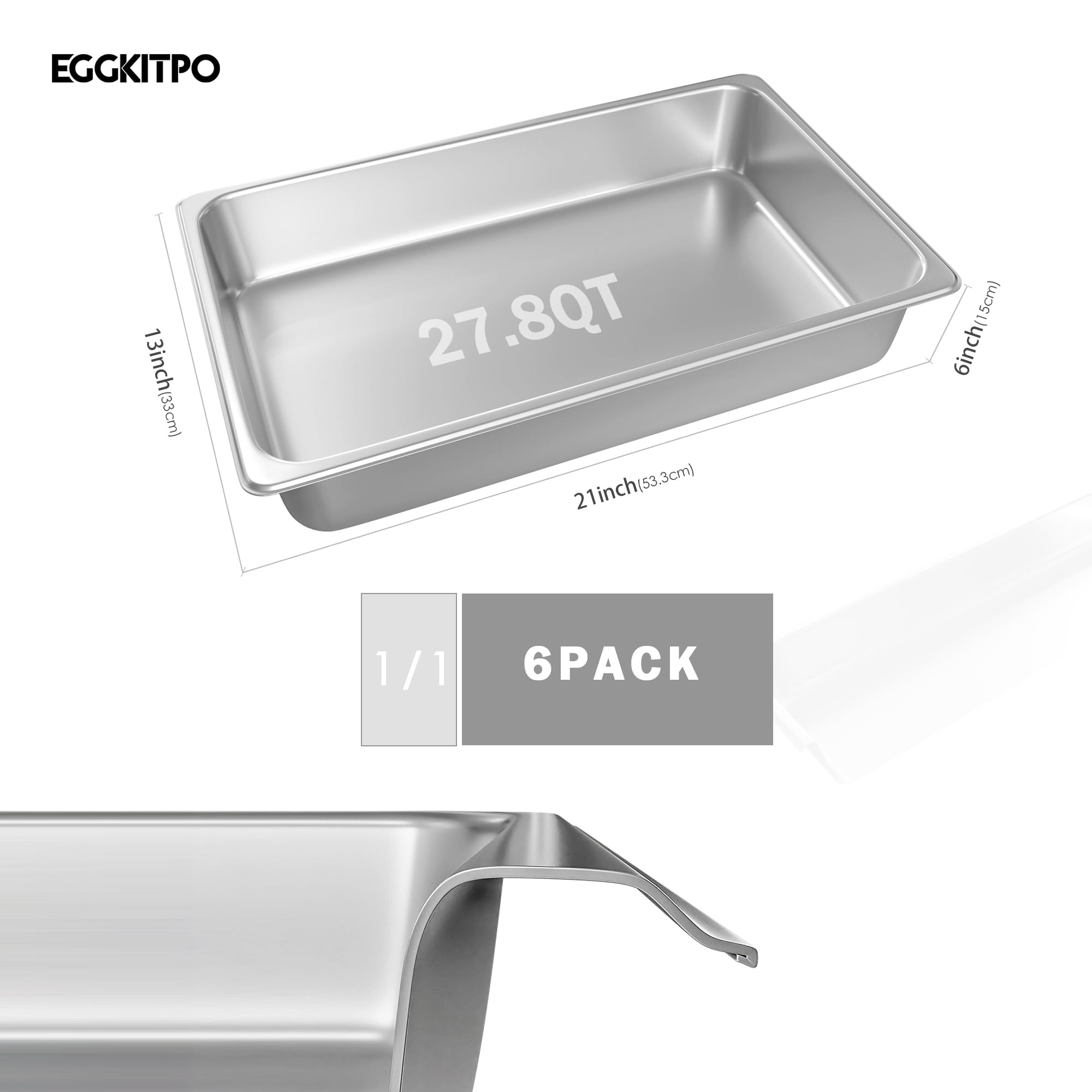 6-Pack Stainless Steel 6 Inch Deep Full Size Catering Pans - Commercial Food Storage & Steamer Pans for Hotels, Restaurants & Buffets - Durable Metal Food Trays for Steam Tables & Food Warmers - Perfect for Catering, Meal Prep & Bulk Food Service