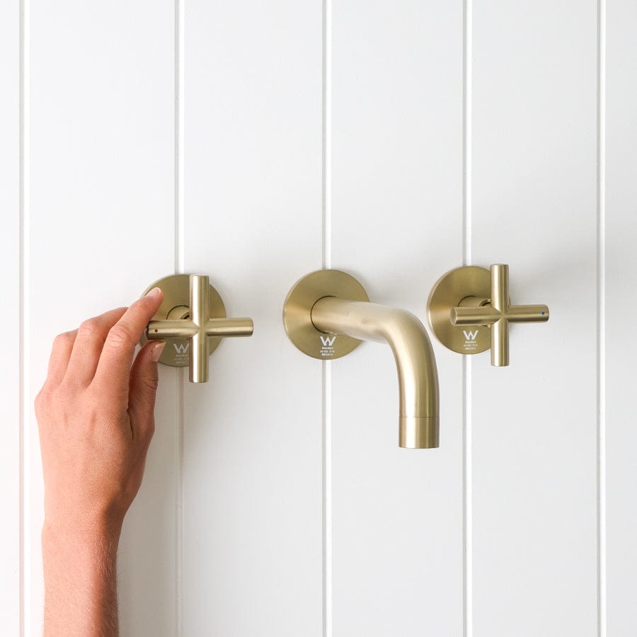Sydney Wall Spout with Cross Taps - Warm Brushed Nickel Finish Bathroom Faucet for Sink, Vanity, and Tub - Perfect for Modern and Traditional Home Decor