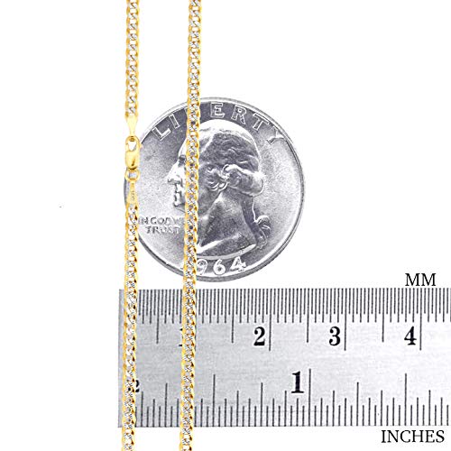 14K Real Yellow Gold Solid Cuban Curb Link 2mm Diamond Cut Pave Chain Necklace for Men & Women (16