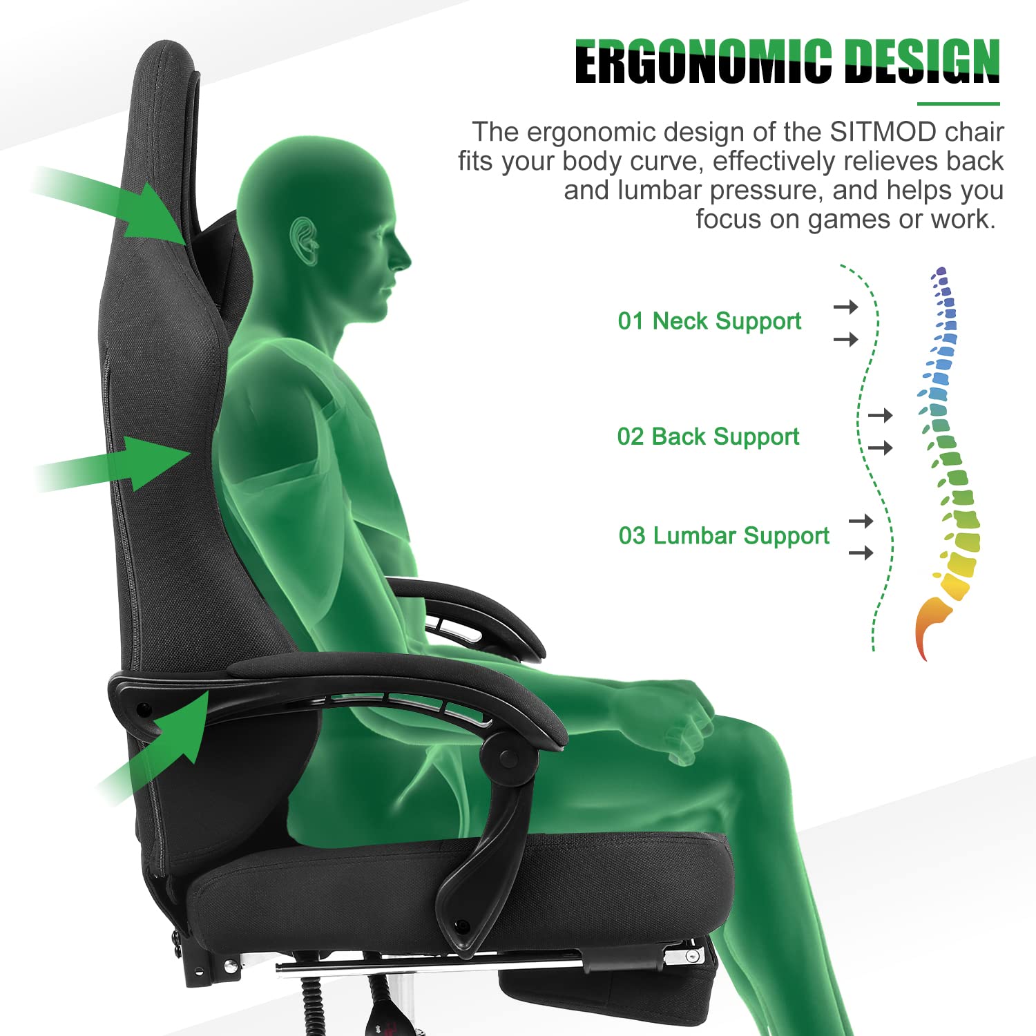 SITMOD Ergonomic Gaming Chair with Footrest & Lumbar Support - Adjustable Height 360° Swivel Office Computer Chair for Big & Tall Adults - Perfect for Home Gaming Setup, Workstation & Office Use (Black)