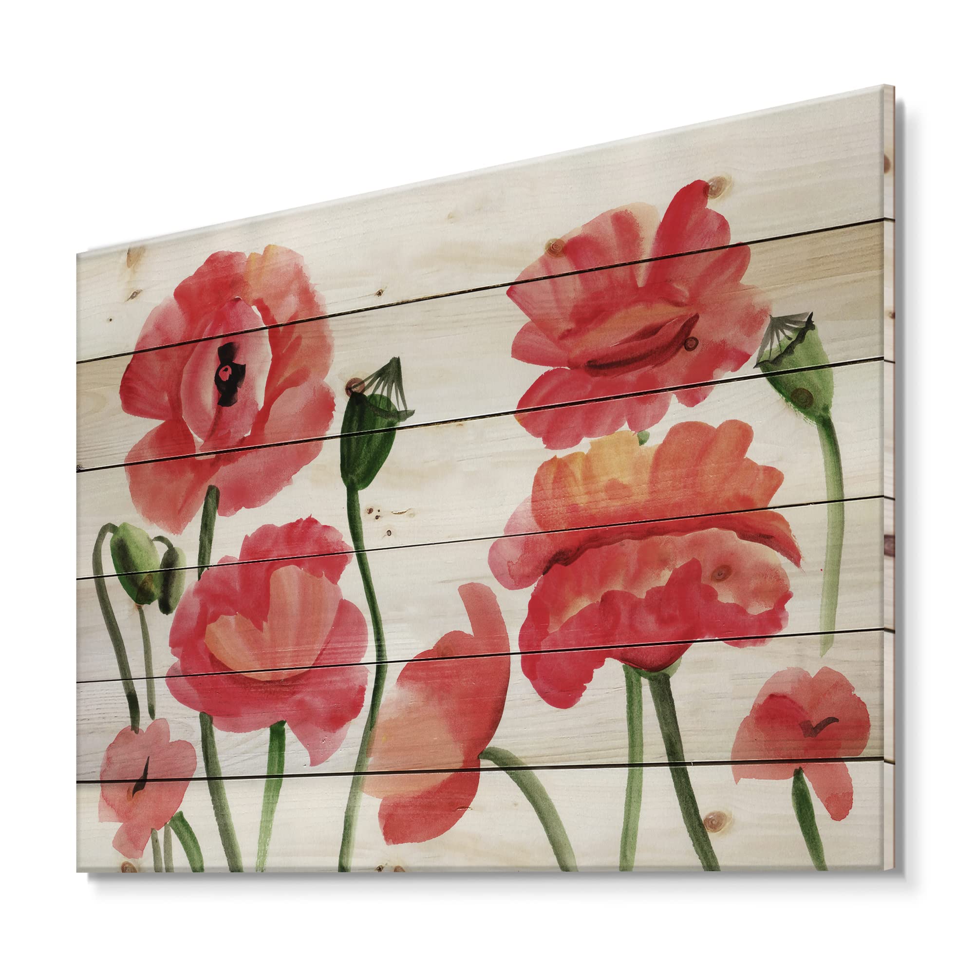 Vintage Red Poppies Wall Art - Traditional Floral Print on Natural Pine Wood Canvas for Living Room, Bedroom & Office Decor