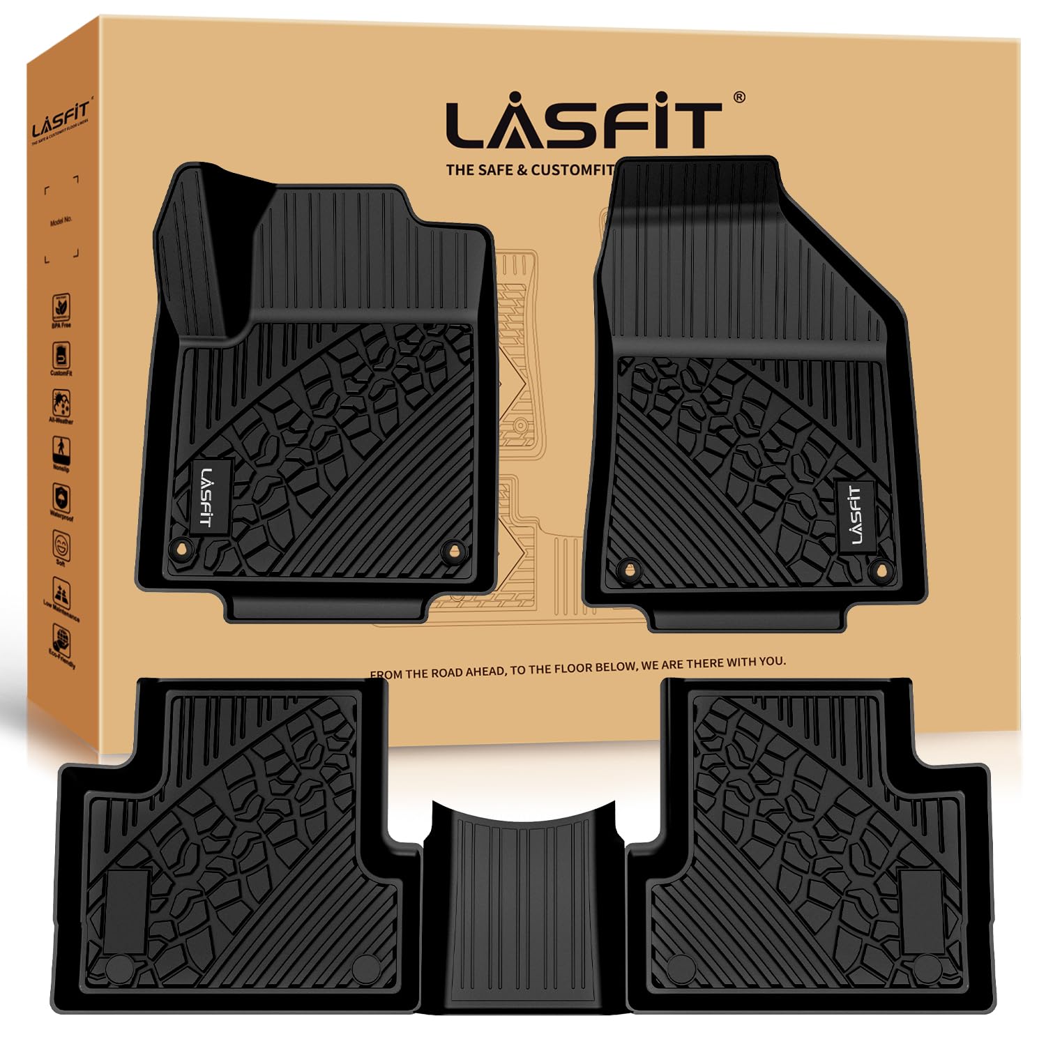 LASFIT All-Weather TPE Custom Fit Floor Mats for Jeep Cherokee 2015-2023 - 1st & 2nd Row Black Car Floor Liners (Not Compatible with Raised Dead Pedal) | Durable Protection for Off-Road, Daily Commute & Family Trips