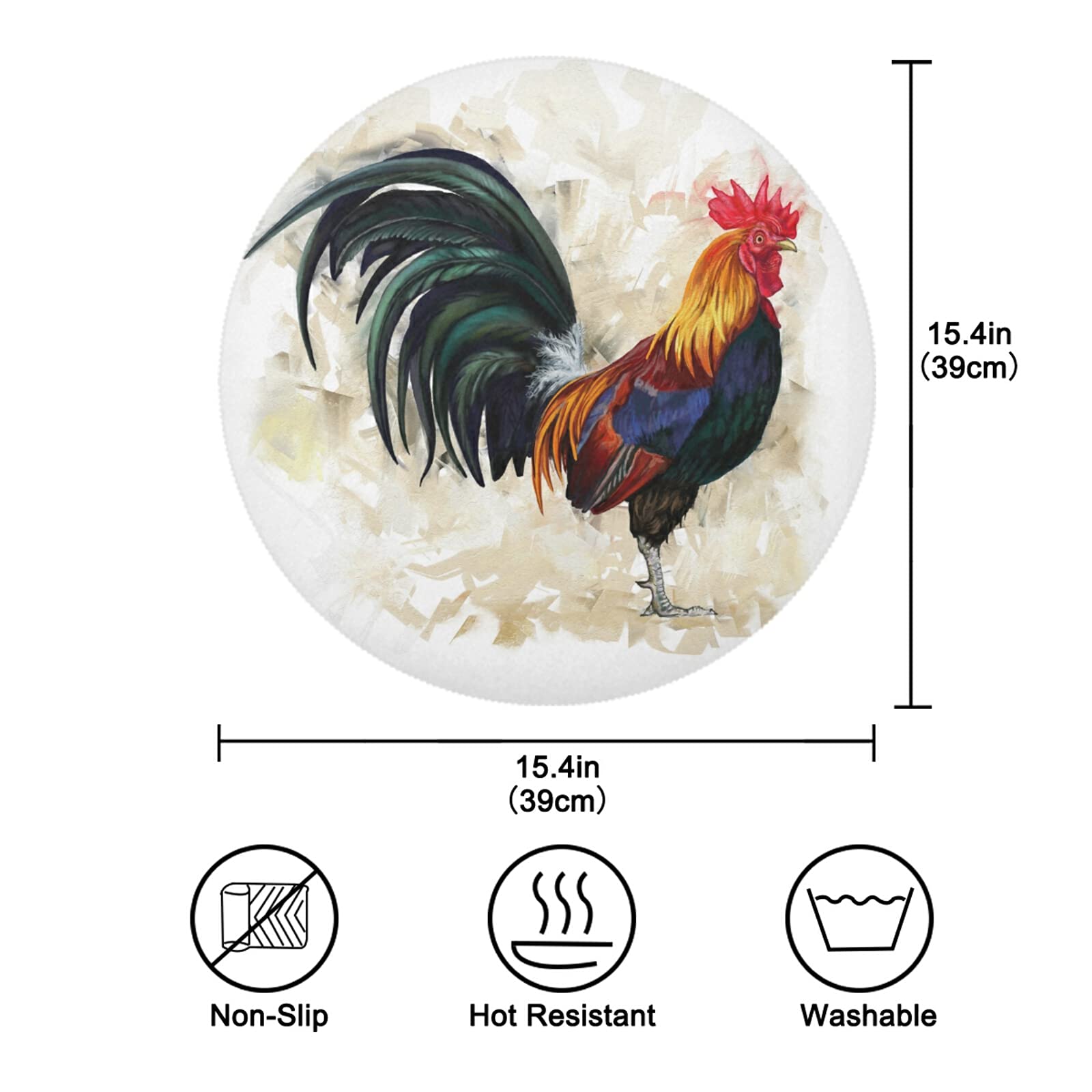 Rooster Cock Round Placemats Set of 1 - Washable & Heat Resistant Table Mats for Dining, Kitchen, Home Decor | Perfect for Indoor, Outdoor, Party & Holiday Dining Decorations