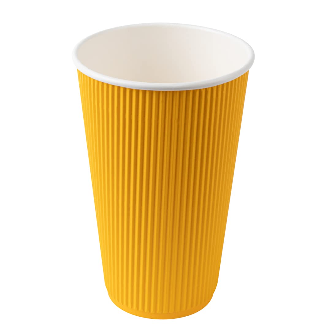 16oz Insulated Coffee Cups with Lids - 200 Pack Leakproof Disposable Hot Drink Cups for Tea, Hot Chocolate & Lattes | Durable Ripple Wall Design, Non-Slip Yellow Paper Cups for Restaurants, Cafes & Office Break Rooms