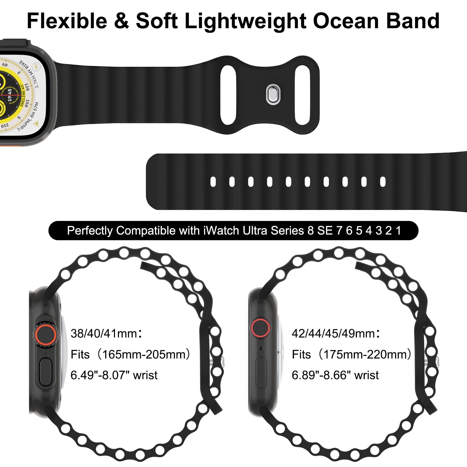 Ocean Silicone Bands for Apple Watch - Compatible with 49mm 45mm 44mm 42mm 41mm 40mm 38mm iWatch Ultra Series 9/8/7/SE/6/5/4/3/2/1 - Breathable Adjustable Sport Strap for Women & Men - Perfect for Running, Swimming, Workouts & Daily Wear
