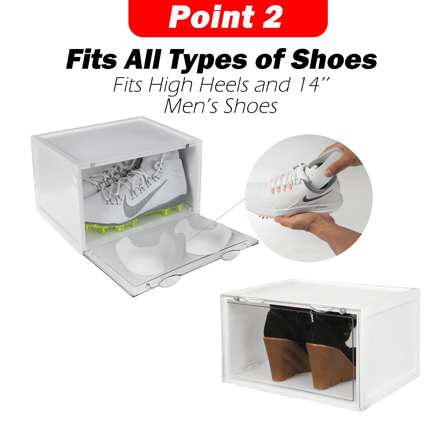 Letusto Premium Clear Plastic Shoe Storage Boxes - 6 Pack Stackable Sneaker Display Cases with Lids (White) | Includes 6 Hygiene Pads & Shapers | Perfect for Organizing Sneakers, Boots & High Heels in Closet or Retail Store Display