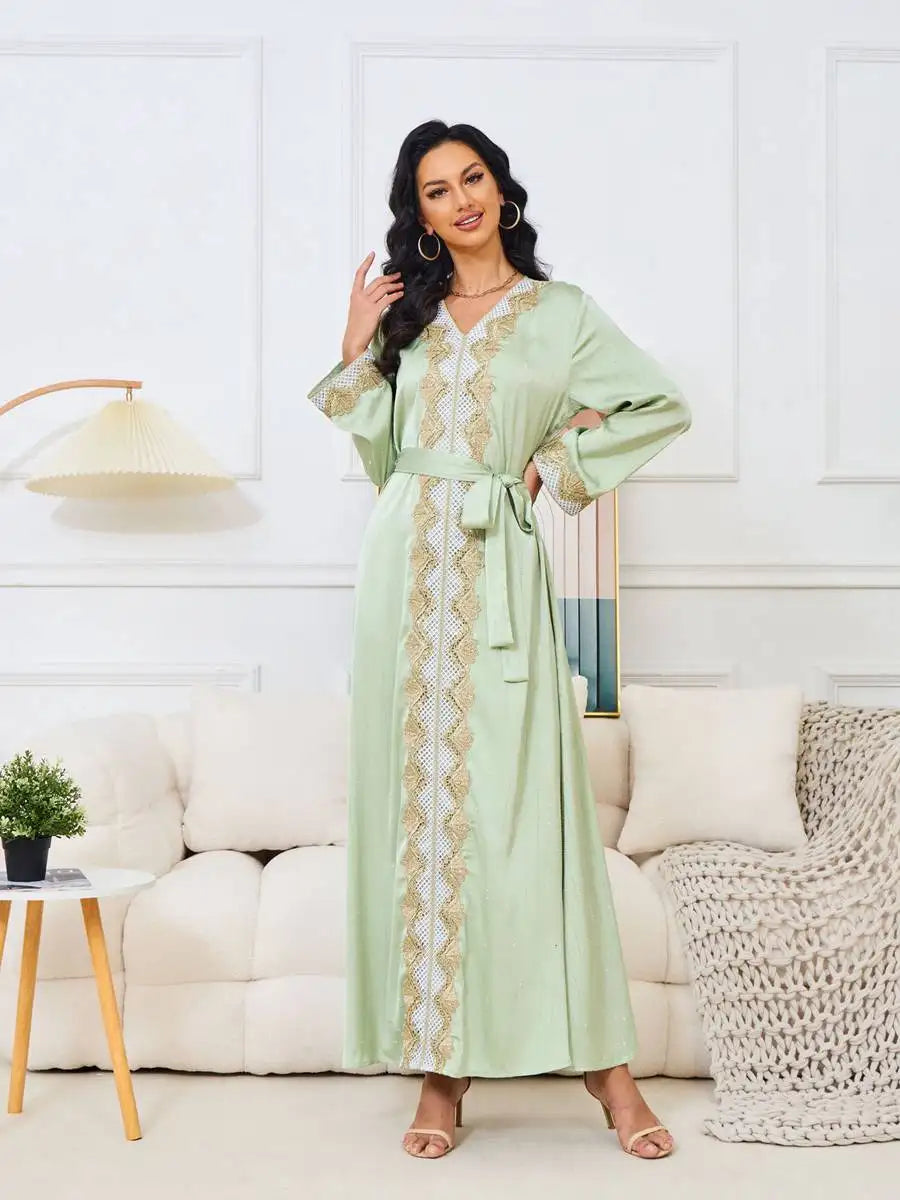 Hotfix Rhinestone Eid Dress for Muslim Women - Elegant Caftan Kaftan Dress for Eid al-Fitr & Special Occasions