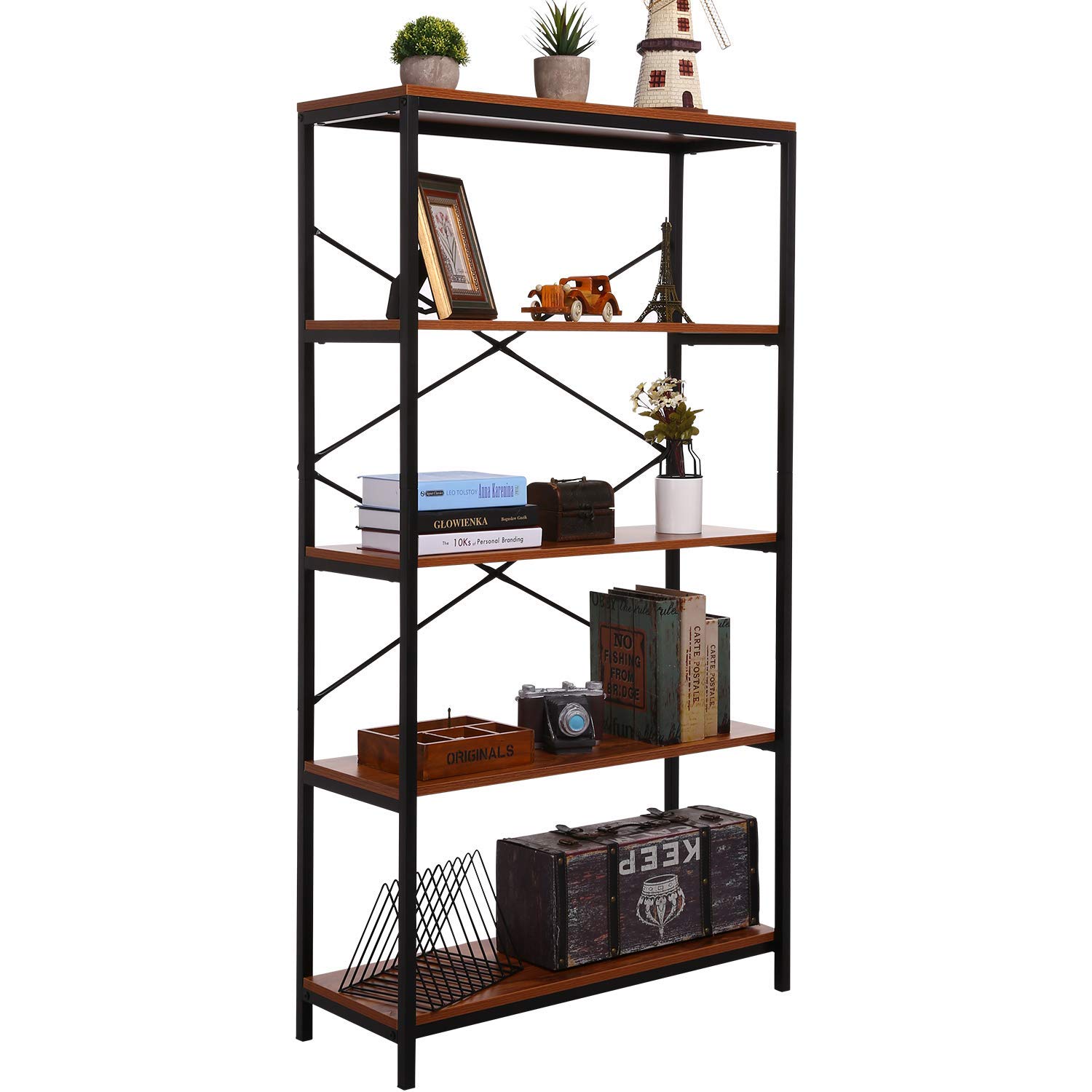 Modern Industrial 4-Tier Tall Bookcase - Open Wood & Metal Bookshelf for Home Office, Living Room, Bedroom - Wide Storage Shelf Unit for Books, Decor & Organizing