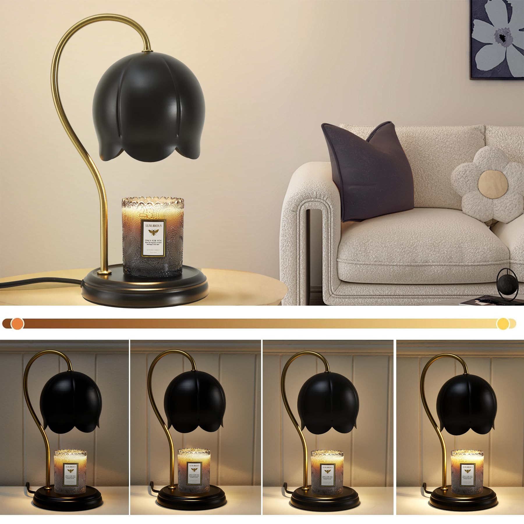Black Gold Flower Candle Warmer Lamp with Timer & Dimmable Light - Elegant Home Office Decor, Scented Wax Melter for Bedroom - Perfect Christmas Birthday Gift for Women & Men - Large Tabletop Candle Burner for Relaxation, Aromatherapy & Romantic Ambiance