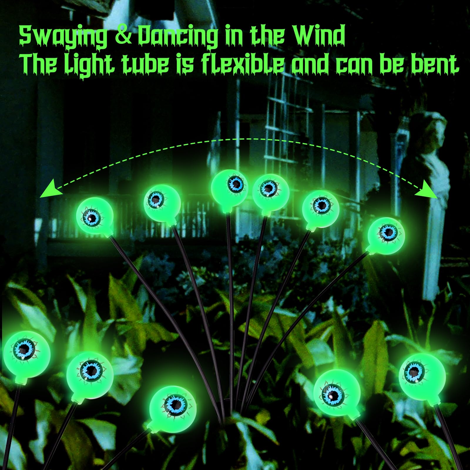YBB 2 Pack Halloween Solar Eyeball Stake Lights - 12 LED Waterproof Swaying Scary Pathway Lights for Outdoor Garden, Yard & Lawn Decor | Perfect for Halloween Party, Haunted House & Spooky Pathway Lighting
